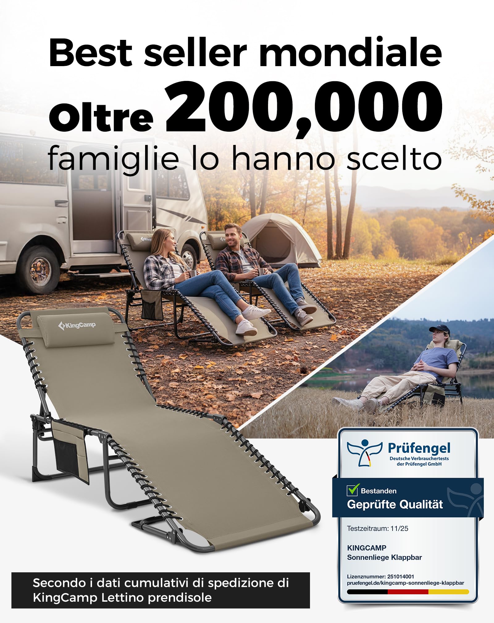 KingCamp Sedia a sdraio pieghevole con schienale regolabile in 5 posizioni, sdraio da giardino, sdraio da spiaggia, campeggio, lettino pieghevole con cuscino per la spiaggia, il giardino, la terrazza