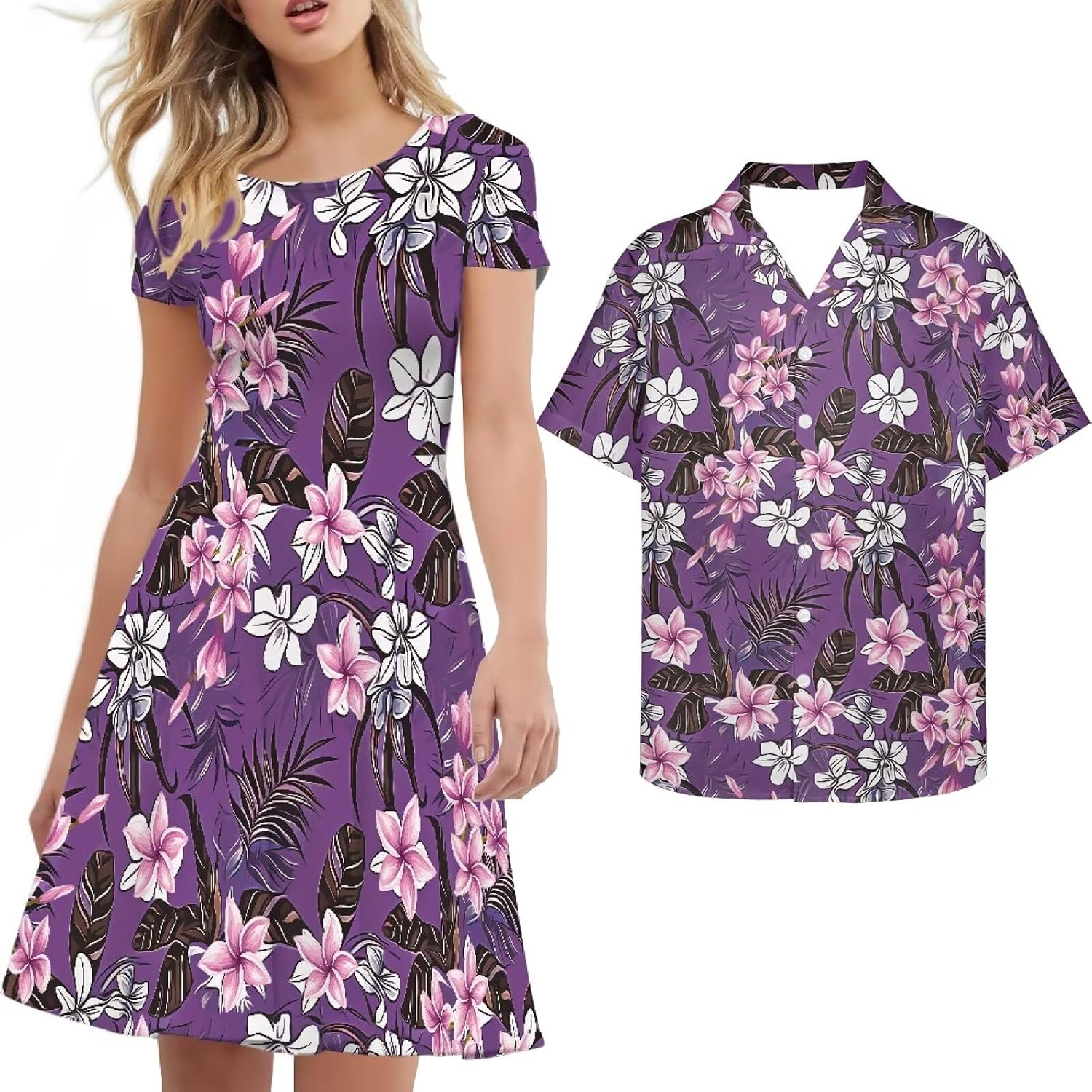 AmzPrint Couple Christmas Shirt and Dress Womens Elegant Short Sleeve Round Neck Cocktail Party Green Xmas Swing Dress