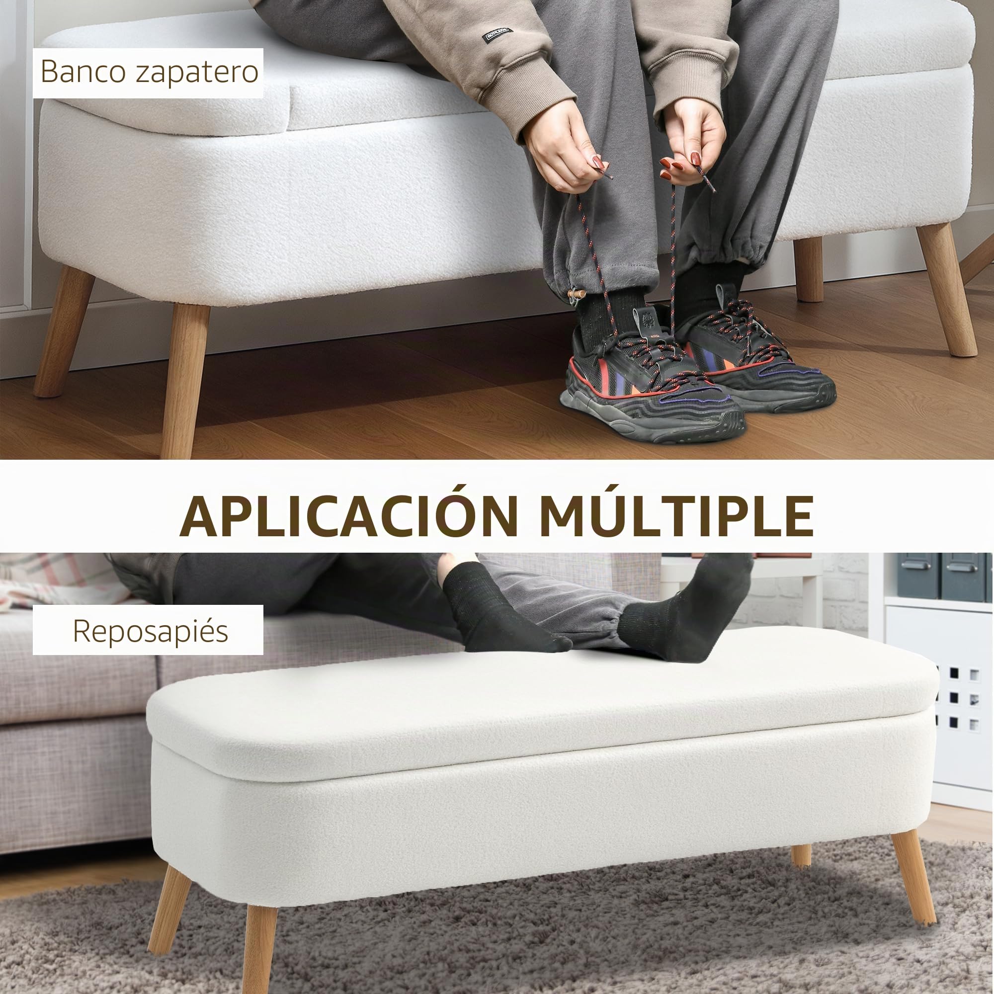 HOMCOM Banco con cojín almacén, Patas Madera, 120x42x45, Blanco Crema | Aspecto vellón teddy, banco con almacén, banco cama, para sala, dormitorio, pasillo.