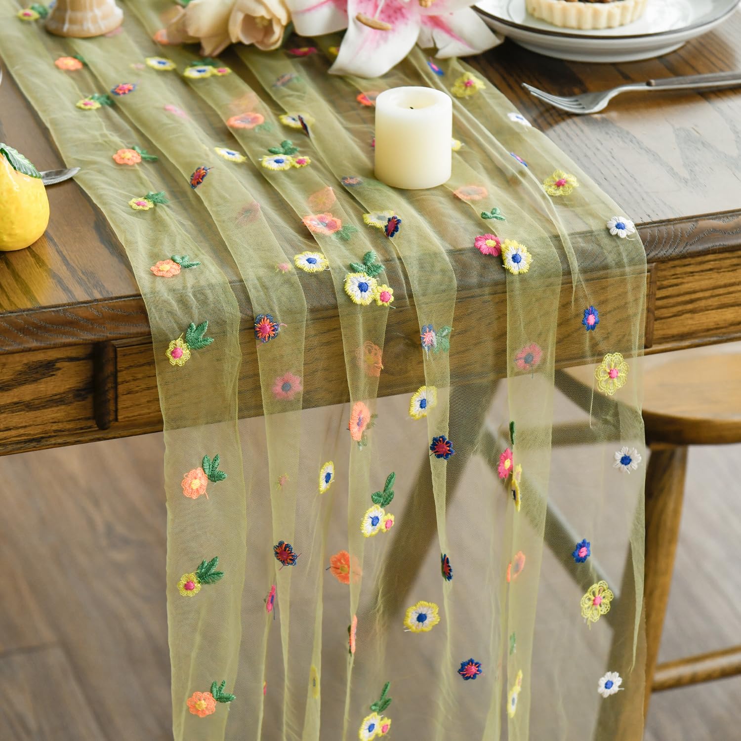 Artoid Mode Embroidery Grass Green Flowers Leaves Spring Gauze Table Runner 70x300 cm, Tulle Sheer Dining Holiday Birthday Table Decor for Home Party