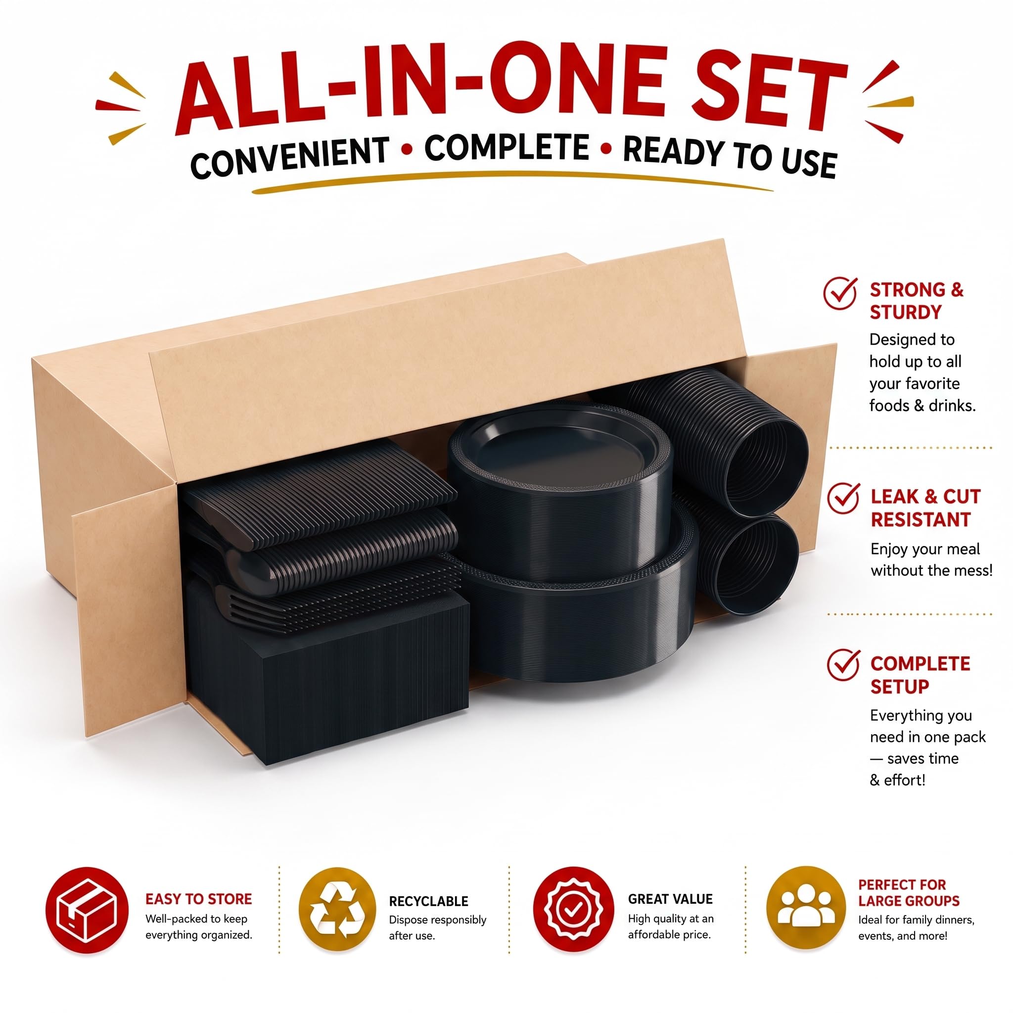 350 Pcs Black Plates & Napkins Party Set -5