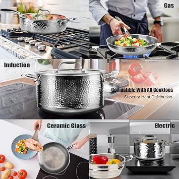 imarku Pots and Pans Set, 14PCS Kitchen Cookware Sets Tri-Ply Clad Stainless Steel with Hangered Handle and Lids, Suits Ceramic and Induction, Oven and Dishwasher Safe, Best Gifts for Women Man