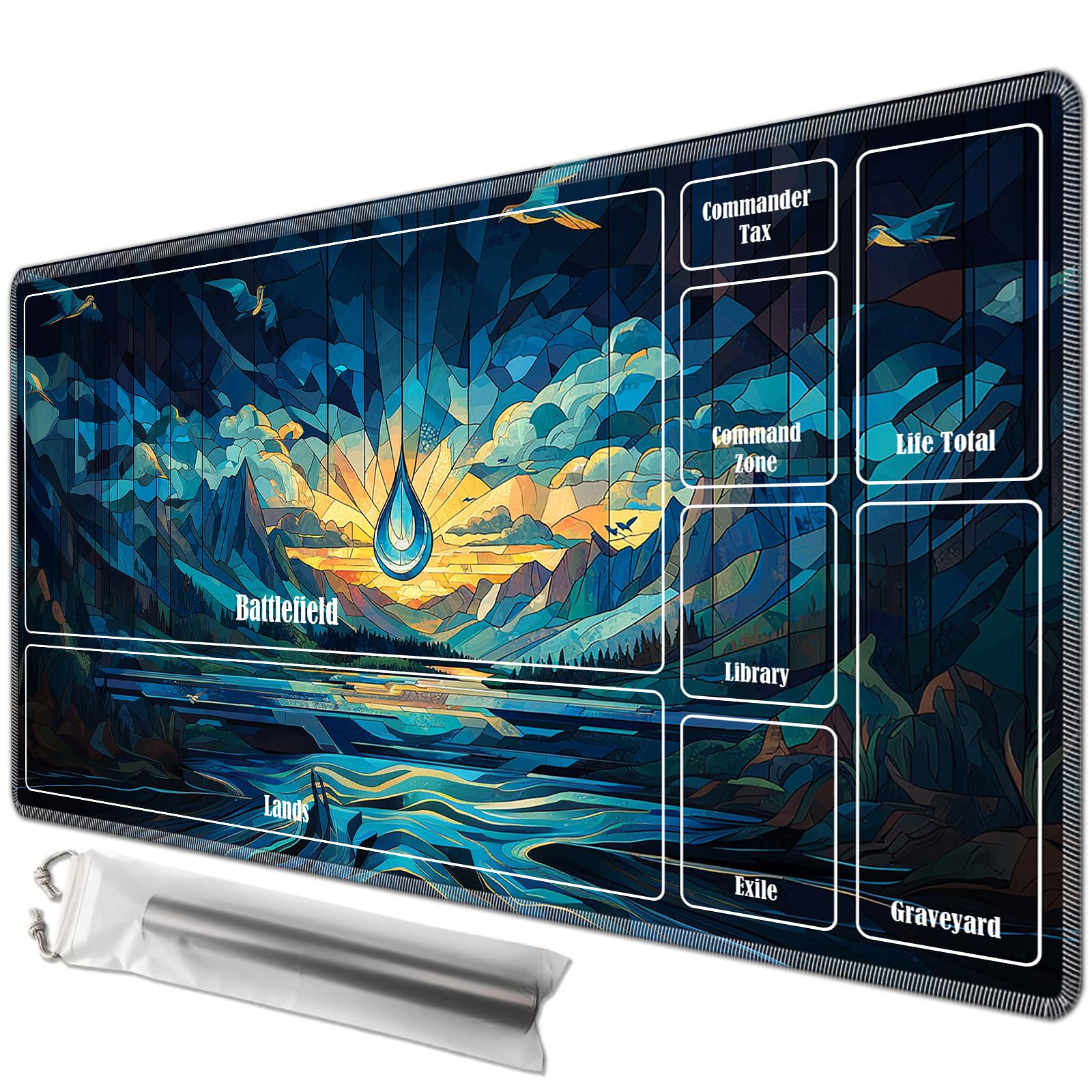 JANENFNA Playmat 24" x 14" with Magic Zones for MTG Card Game Playing, Board Game Mat for Card Breaking Commander Deck Gaming Card Game Battles Mat with Storage Bags, Blue Island Water Drop โ image 1
