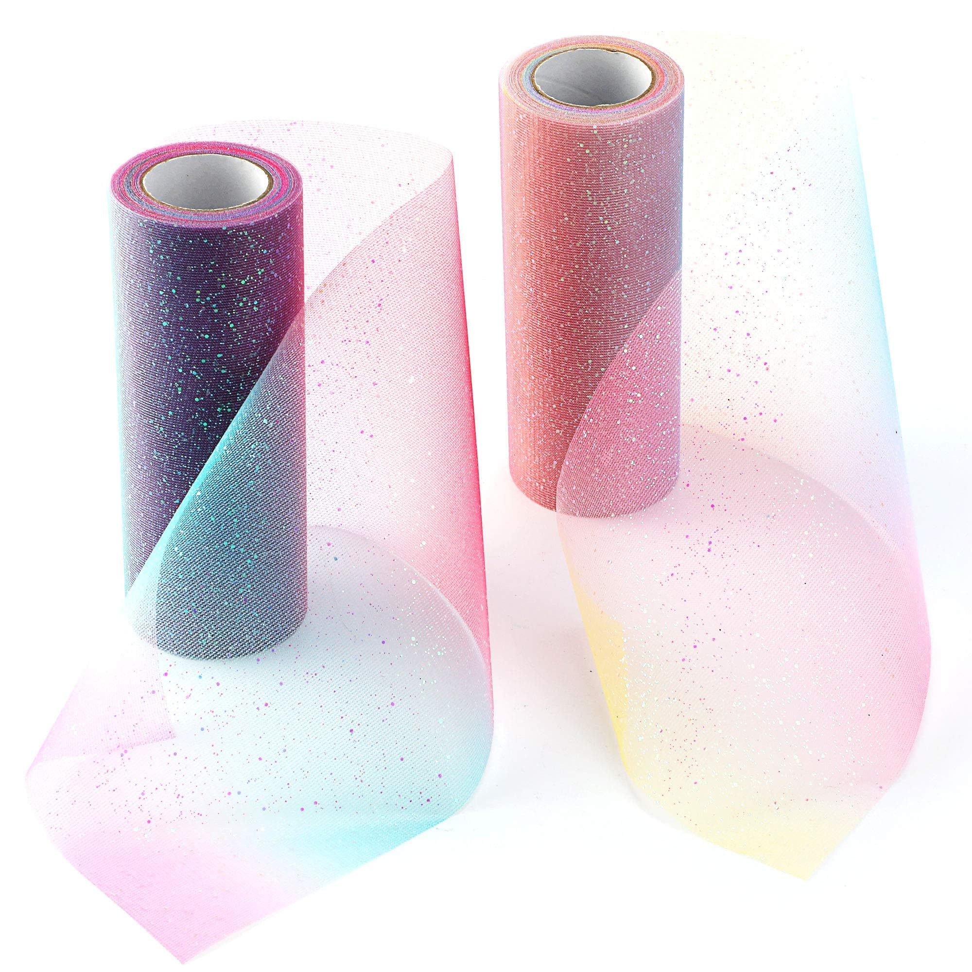 Khazna Glitter Tulle Rolls for Table Runner Chair Sash Bow Pet Tutu Skirt Sewing Crafting Fabric Wedding Unicorn Party Gift Ribbon (2 PCS)