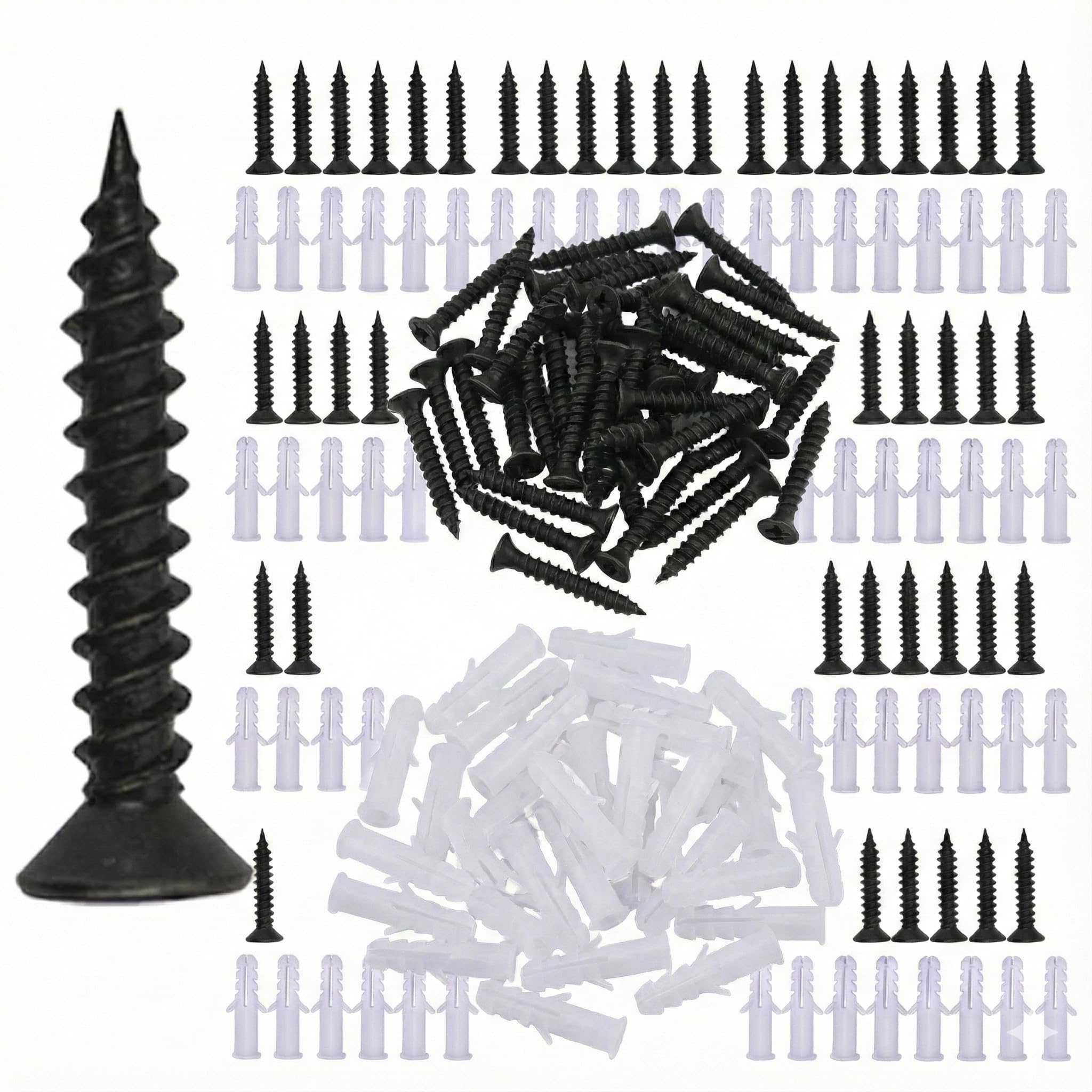 Zen Metals Nylon Wall Plug & Screw Set 38mm (1.5 Inch) - 50+50 Pcs - Heavy Duty Plastic Sleeve Anchors with Drywall Screws for Wood, Brick, Concrete & Drywall
