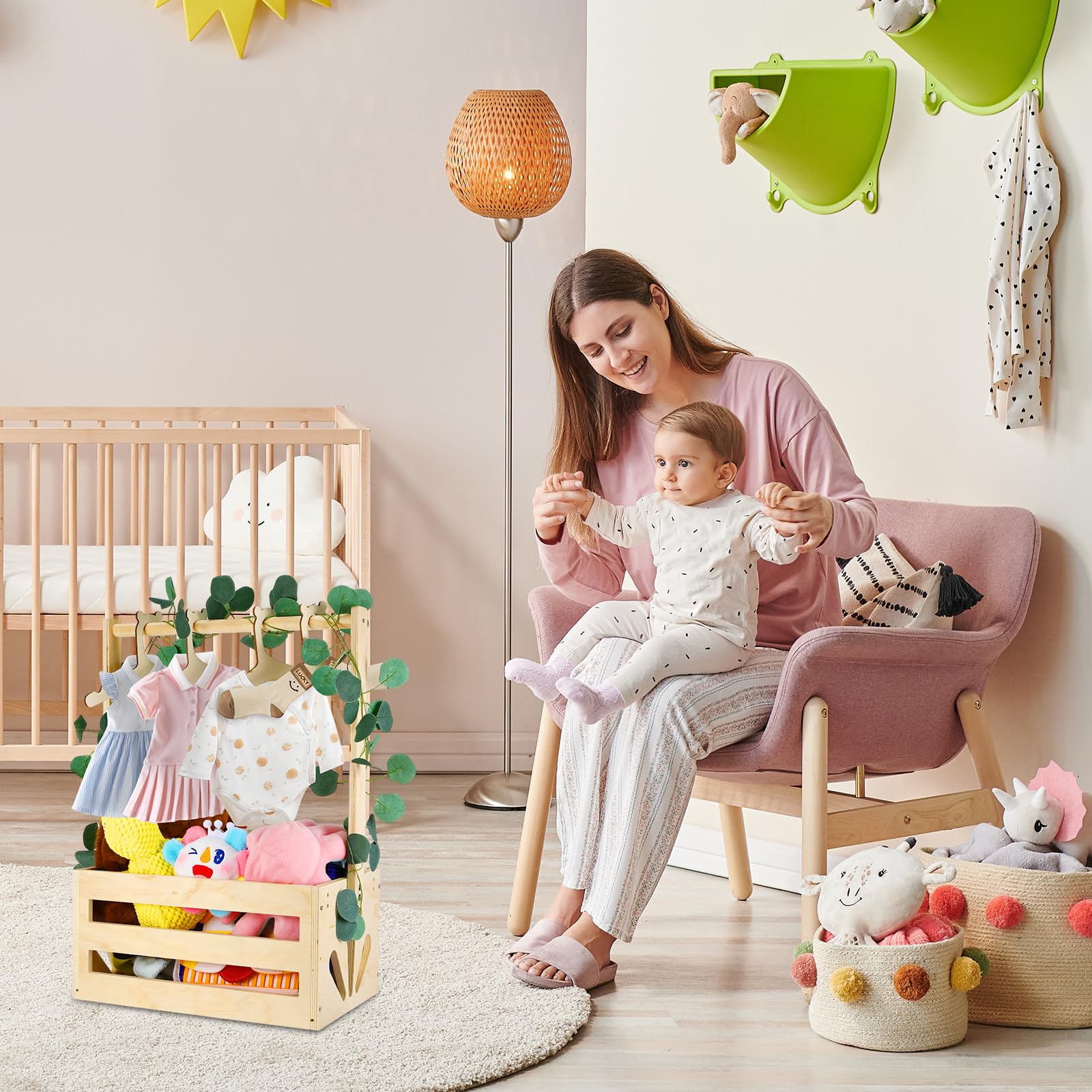 Cesta Madera Baby Shower, Cesta de Almacenamiento para Bebé, Armario para Baby Shower, con Asa Y 5 Perchas De Madera Armario Bebe Percha para Niños para Cumpleaños, Navidad, Nuevos Padres