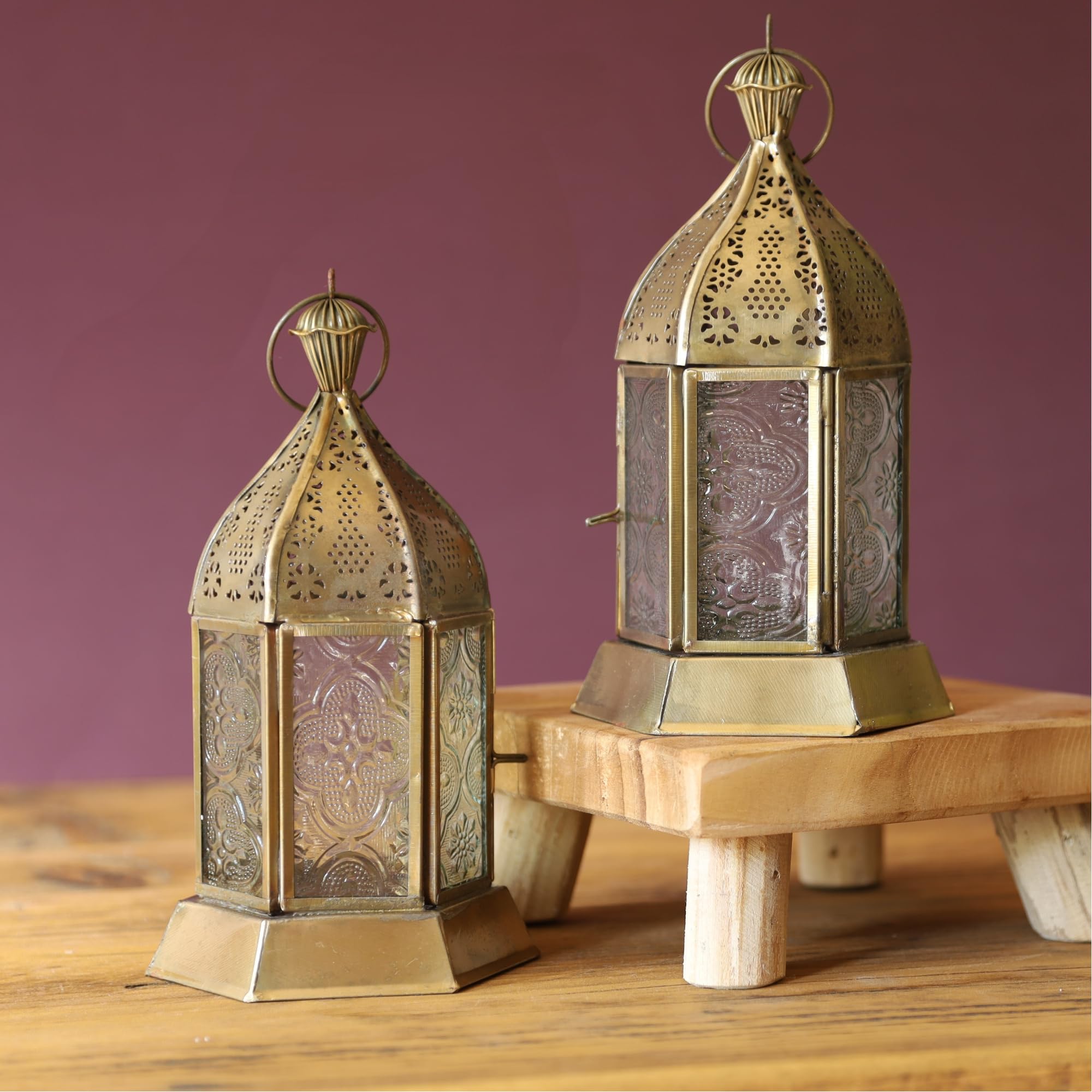 2PC Gold Iron & Textured Glass Tealight Lantern Moroccan Antique Brass Lantern