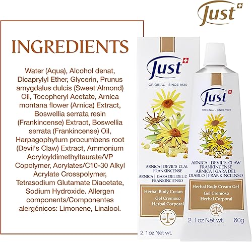 Miniatura 2 de Swiss Just Arnica Gel, Gel cremoso de árnica, 2.12 oz. Crema de árnica con garra de diablo y aceite de incienso. Una crema de masaje suave en