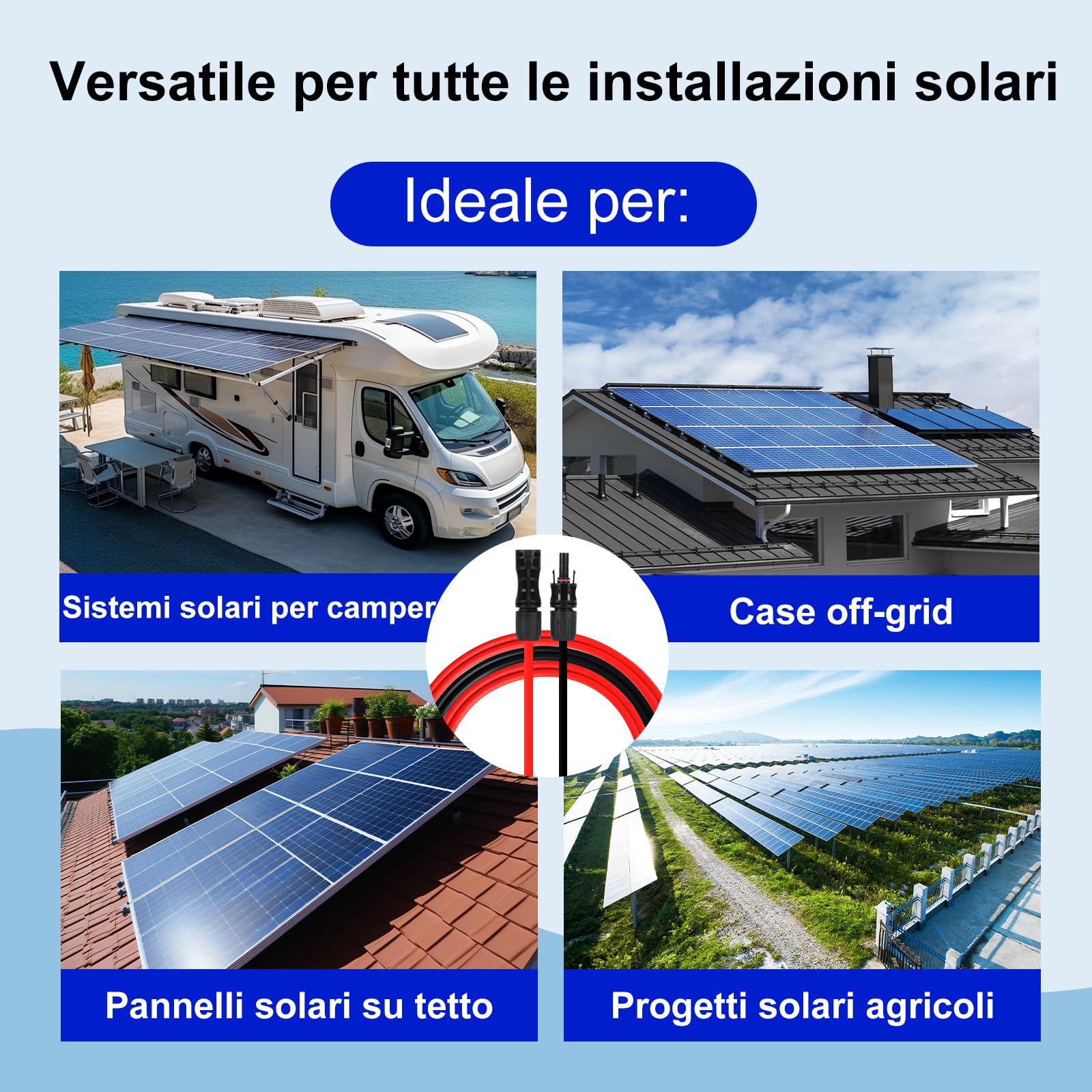 Solare Pannello Cavo 1/2/3/5/8/10/15/20/30m, Cavo Fotovoltaico, Cavo di Prolunga Solare per Pannello Solare, Inverter e Regolatore di Carica