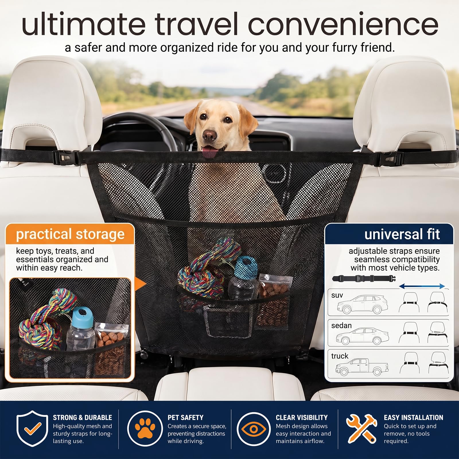Griglia per Cani per Auto con Tasche portaoggetti 69x57cm, Rete divisoria Universale in Nylon, barriera di Sicurezza per Sedile Posteriore e Anteriore