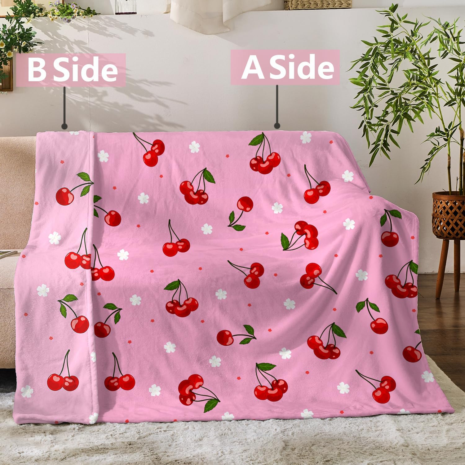 Girls Cherry Blanket for Kids Gift Pink Throw Blanket 3 4 5 6 7 8 9 10 11 12 Years Old Cute Cherry Fruit Pattern Throw Blankets Soft Fleece Blanket Room Chair Decor 50 "X 60" - Image 2