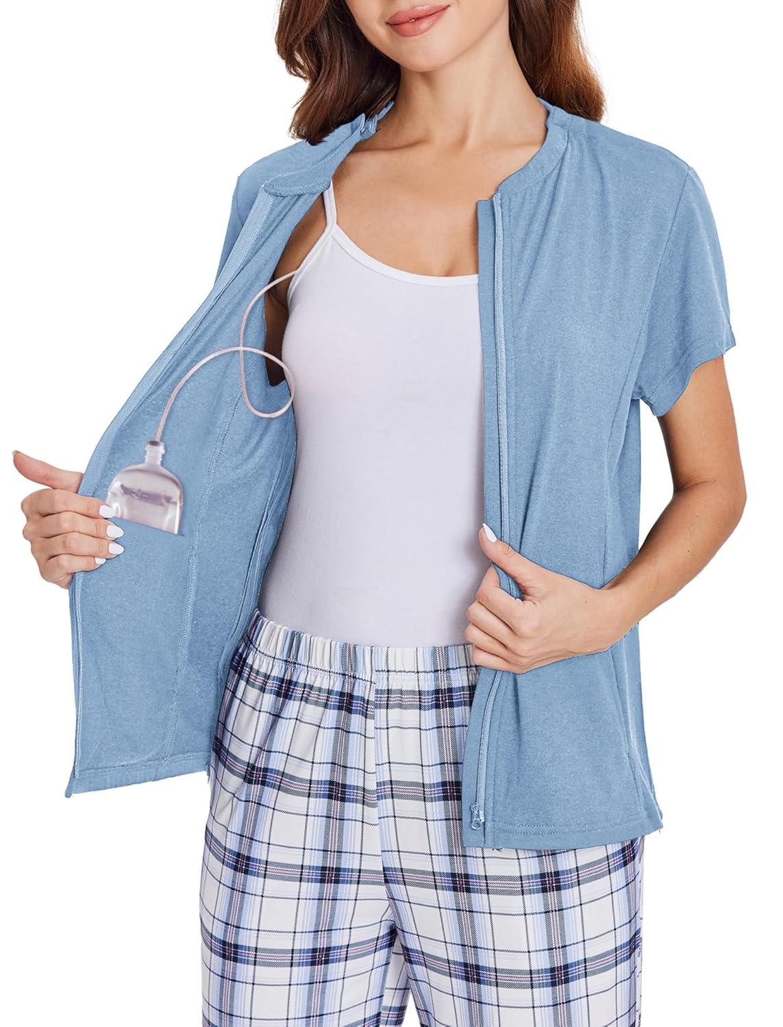 Deyeek Mastectomy Shirts with Drain Pockets Post Shoulder Surgery Tops for Women Chemo Port Short Sleeve with Zippers