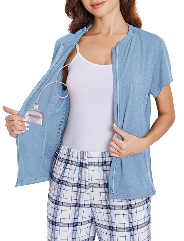 Deyeek Mastectomy Shirts with Drain Pockets Post Shoulder Surgery Tops for Women Chemo Port Short Sleeve with Zippers