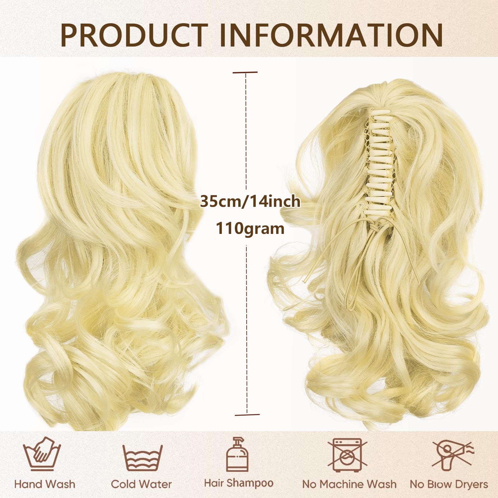 Cybelleza 14 inch Ponytail Hair Extension Curly Wavy Claw Jaw on Long Short Cute Pony Tails Clip in Hair Extensions Ponytail Hairpieces Synthetic for Women Bleach Blonde - Image 4