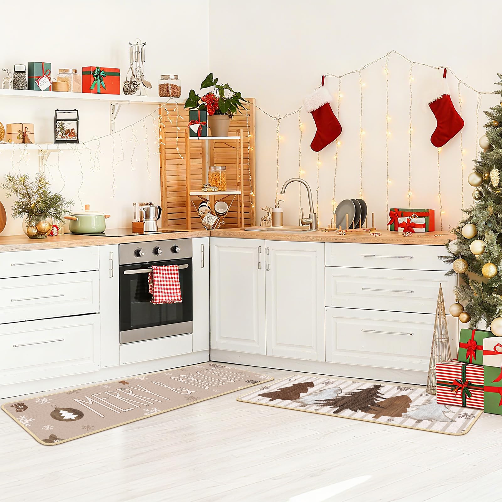 Tinideya Küchenteppich, Motiv: Frohe Weihnachten, Holzbaum, Schneeflocken, Urlaub, Winter, Vintage, neutrale Weihnachtsdekoration, Innen-Bodenmatte für Küche, Badezimmer, Heimdekoration, 3 Stück