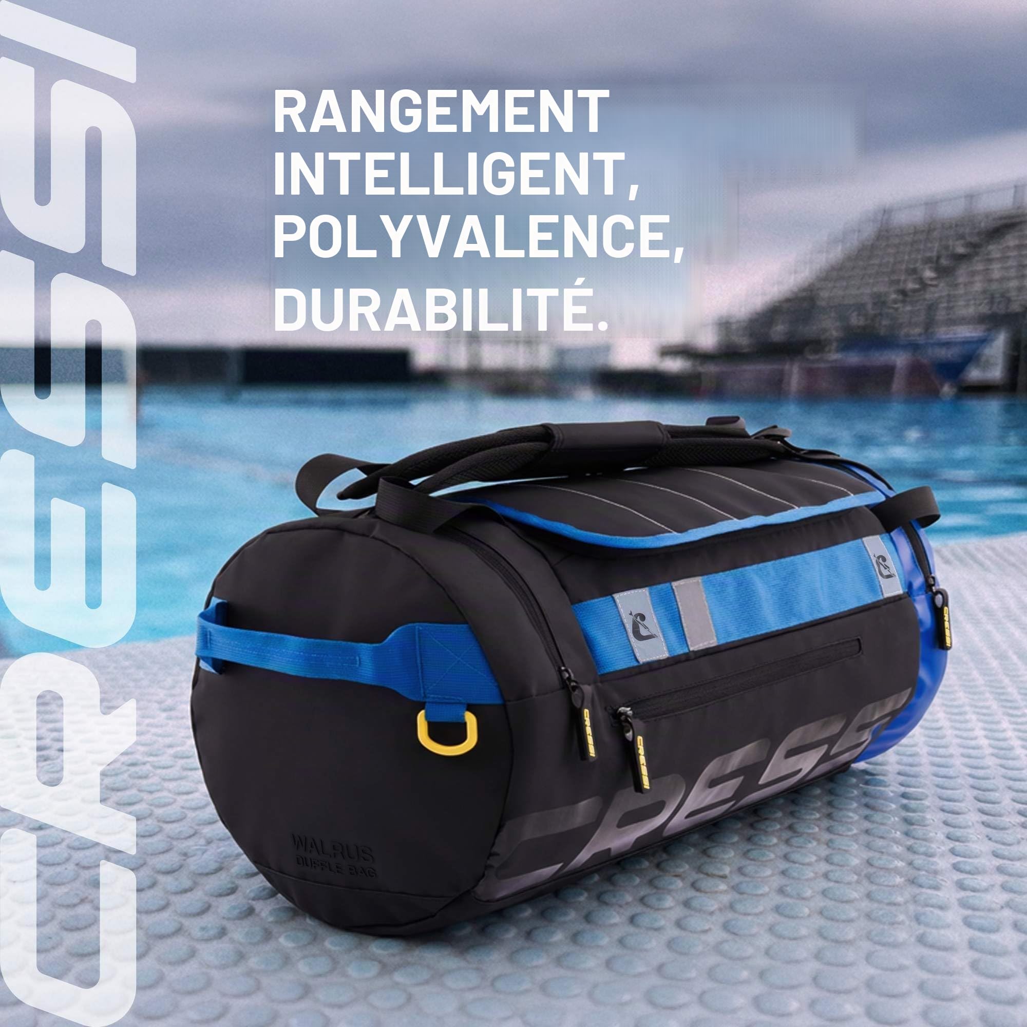 CRESSI Depuis 1946 - Walrus Pool Duffle Backpack - Sac Multifonctionnel Convertible en Sac à Dos ou Sac Fourre Tout Idéal pour Piscine Hommes et Femmes, Noir/Bleu 35 L