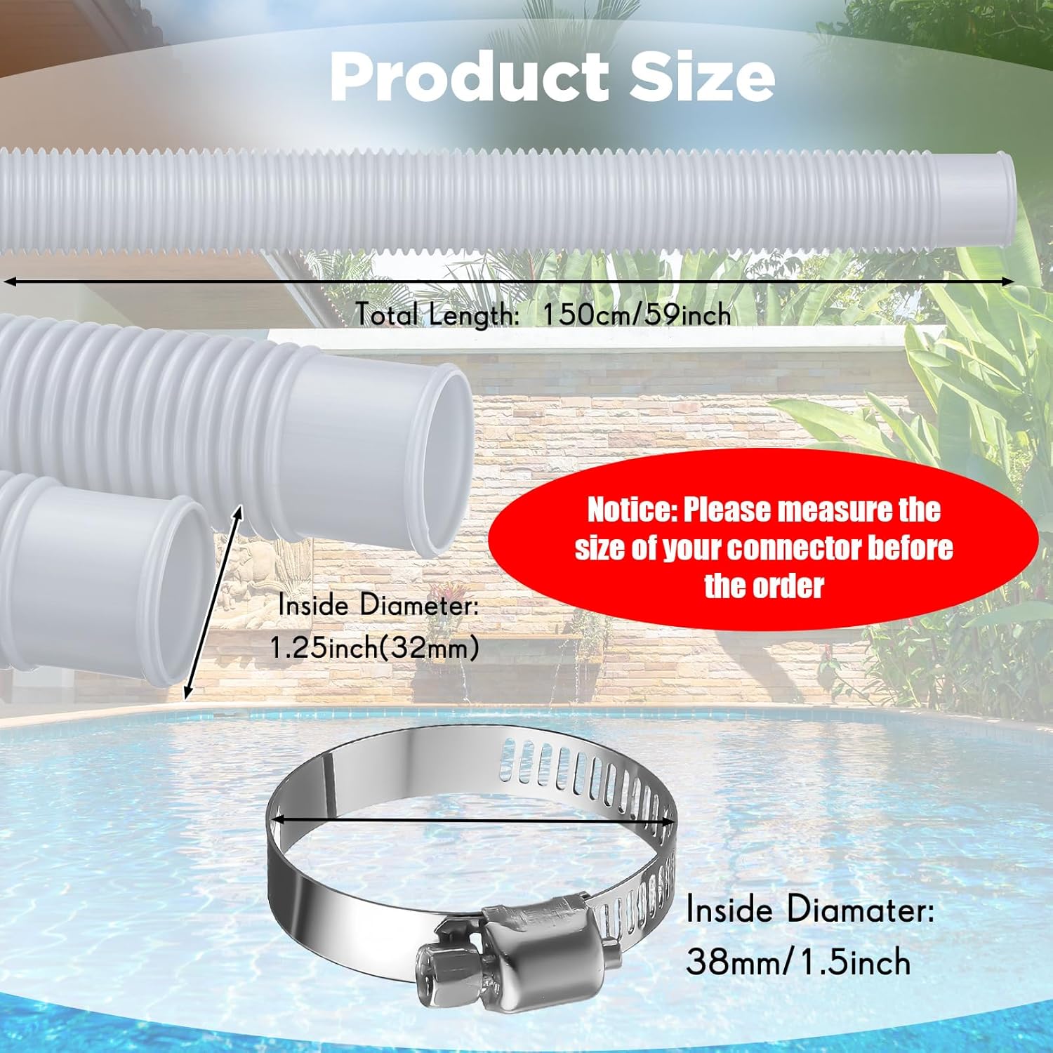 Kathfly 2 Pack Swimming Pool Filter Hose Replacement Kit 1.25 Inch Diameter 59 Inch Length for Above Ground Pools with 4 Pcs Metal Clamps and 2 Pcs Hose Adapter (Transparent)