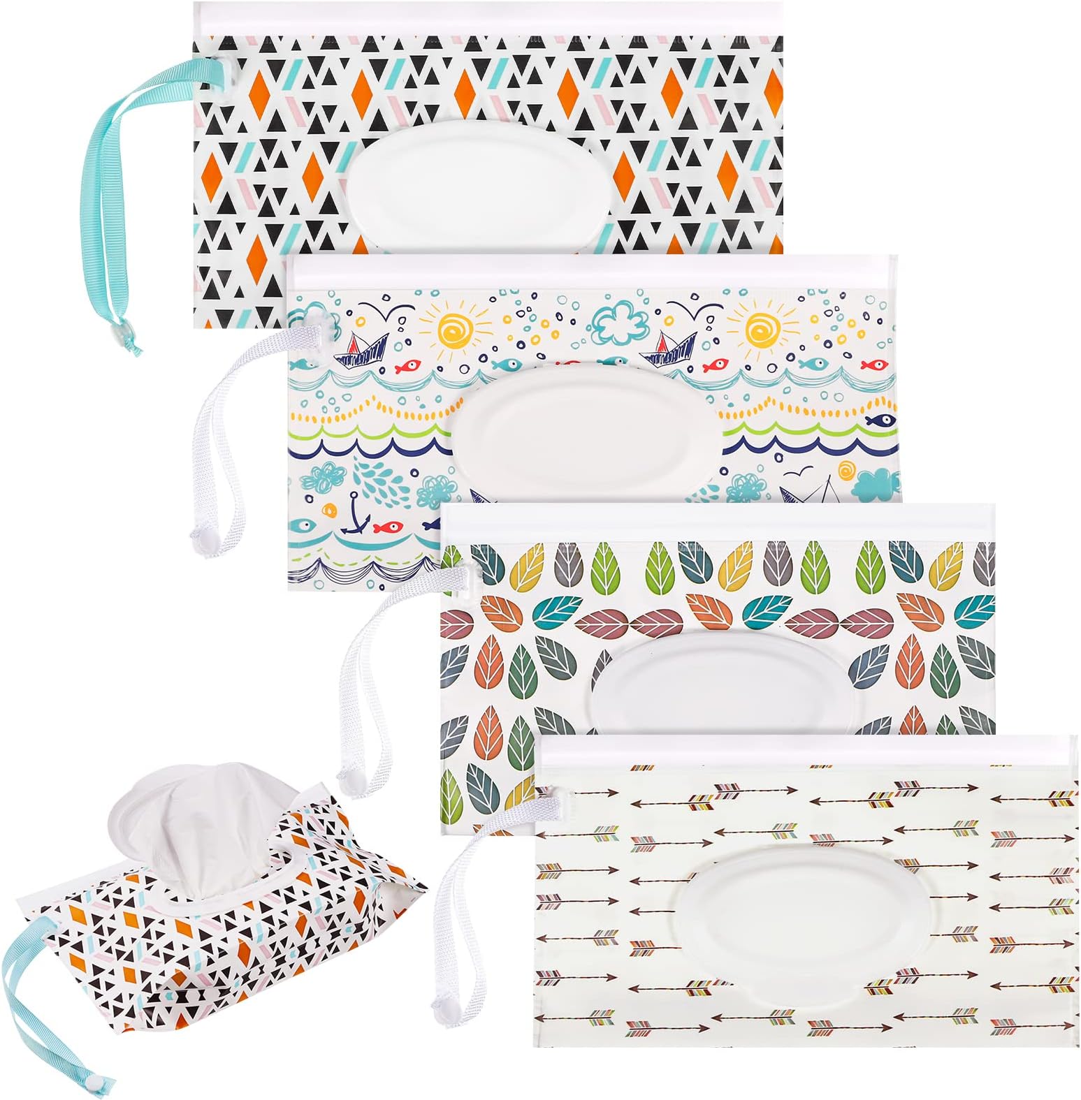 RosewineC 4 Pack Wet Wipe Pouch, Extra Large 10" x 6" Reusable Baby Wipe Case Refillable Wipes Dispenser Travel Container Wipes Bag for Baby and Adult (Colorful)