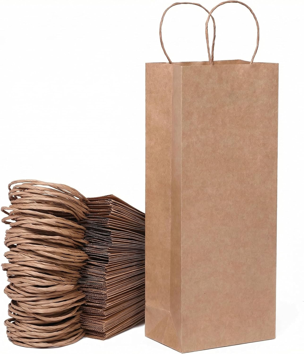 FACEBAG 50 Pack Paper Wine Gift Bags, 5.25"x3.25"x13" Brown Kraft Paper Wine Bags, With Handles Bulk for Gift, Retail, Party Favor,Reusable & Recyclable