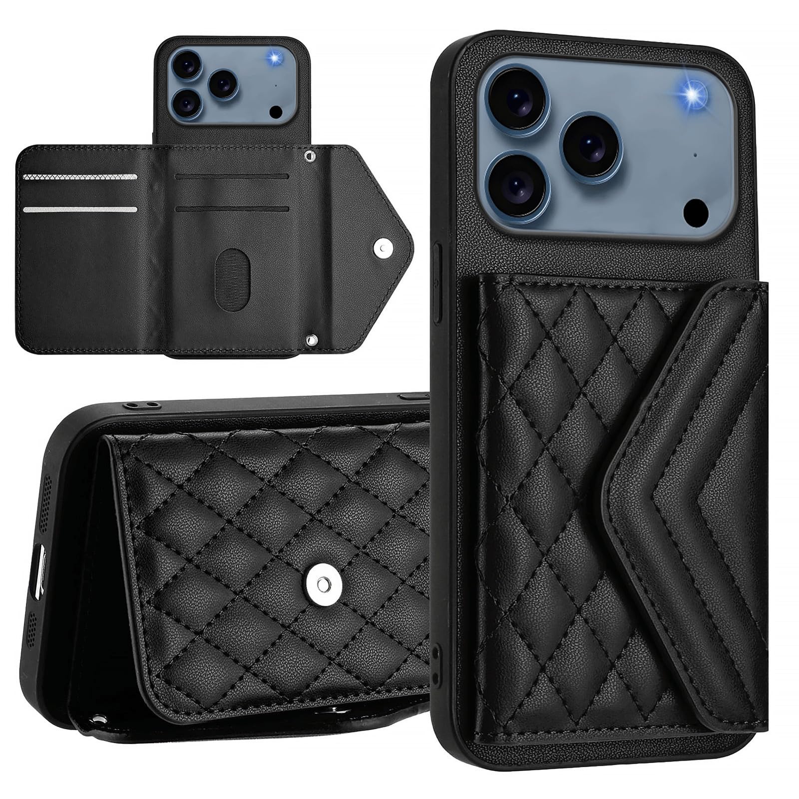 Étui compatible avec iPhone 17 cuir noir à fentes portefeuille mode - 8