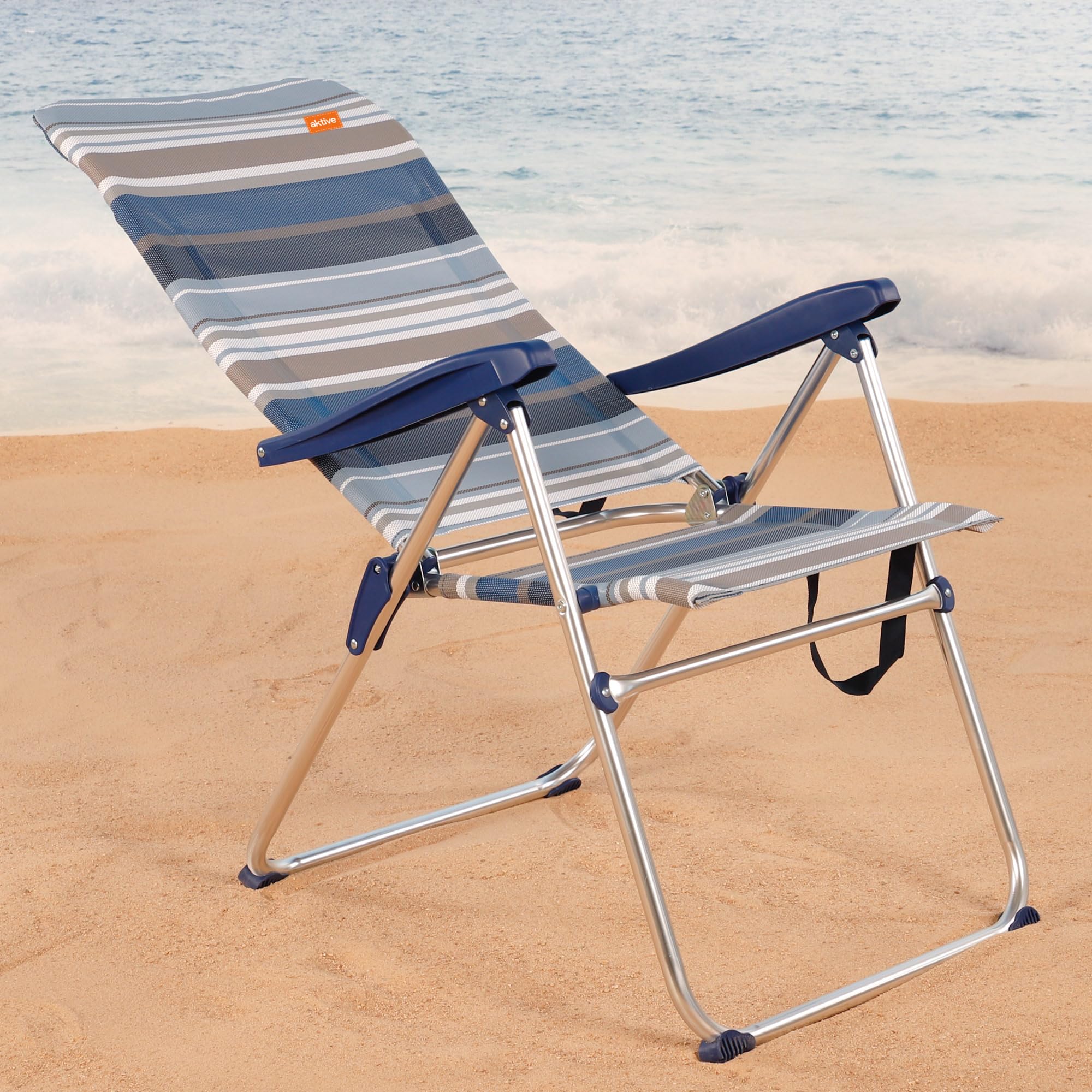 AKTIVE Silla alta de playa, Silla exterior, Silla con respaldo reclinable, 47x66x108 cm, altura del asiento 42 cm, asa para transportar, tacos antideslizantes, (62602)