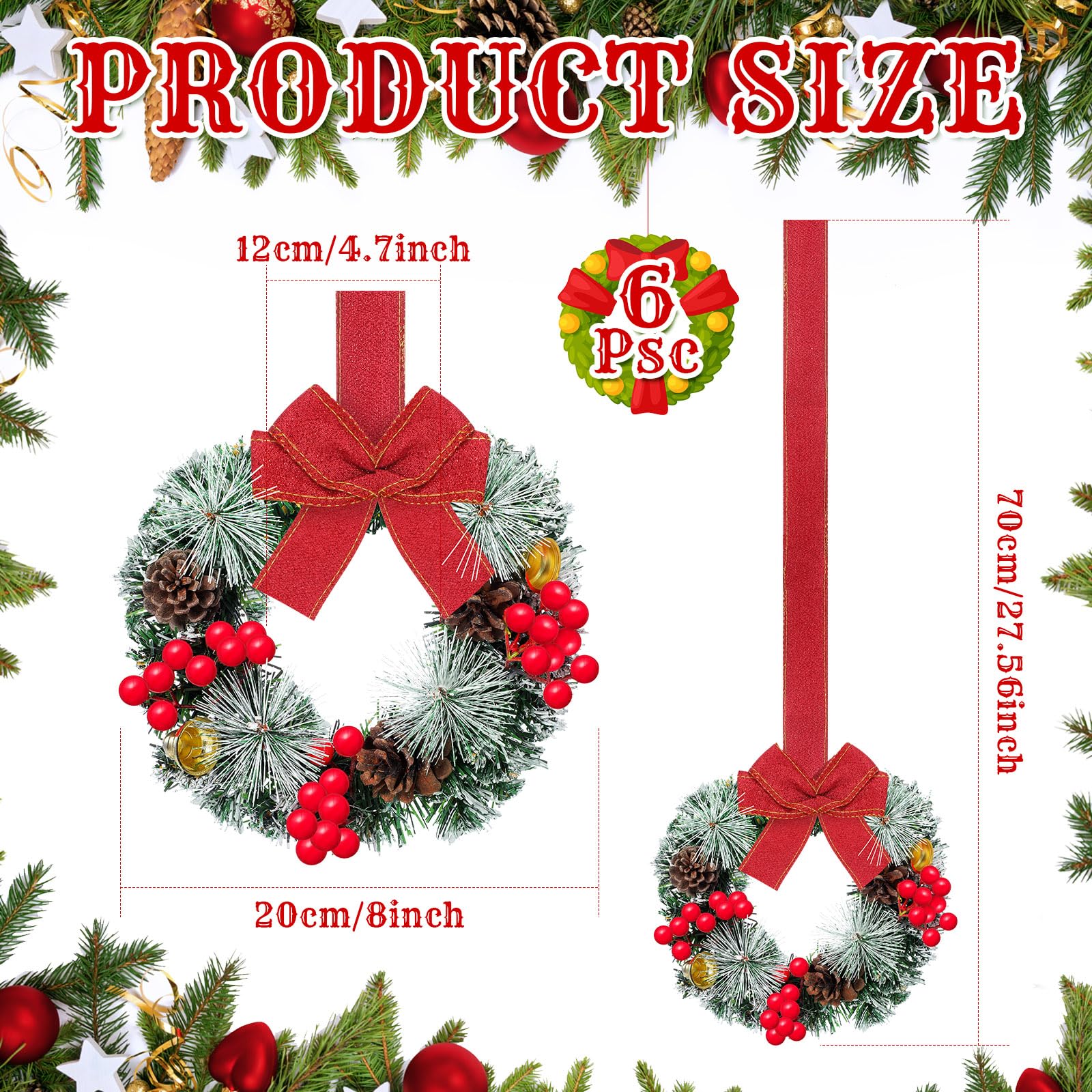 Moucuny Mini Cabinet Wreaths for Kitchen with Ribbon Small Christmas Farmhouse Artificial Pine Cone Hanging Wreath for Front Door Window(Red,6 Pcs)
