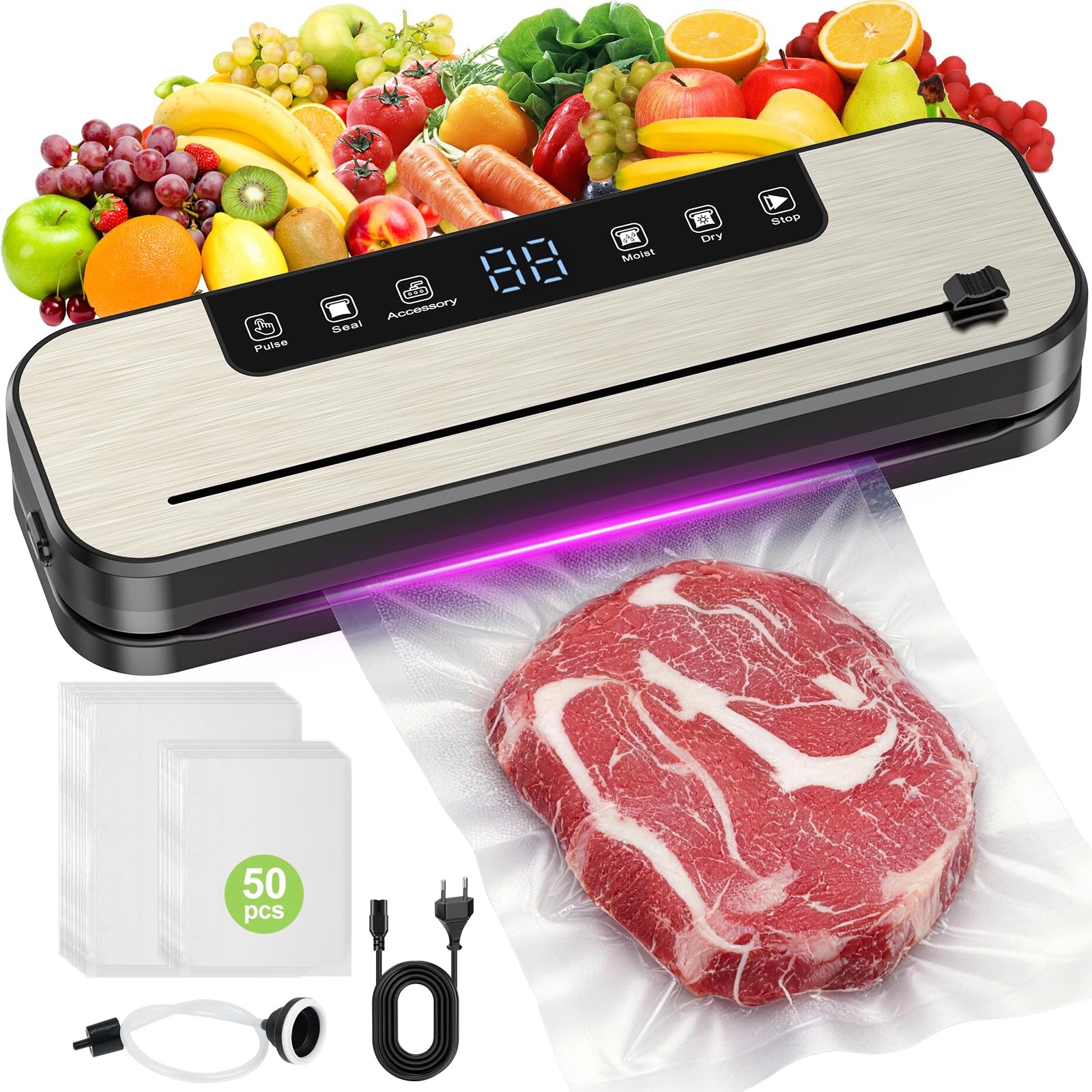SHINER Machine Sous Vide Alimentaire, Appareil de Mise Sous Vide 6 en 1 avec Modes Sec et Humide, UV, 50 Sacs, Couteau de Coupe et Tuyau, Scellure Large 30 cm –Idéal pour la Conservation