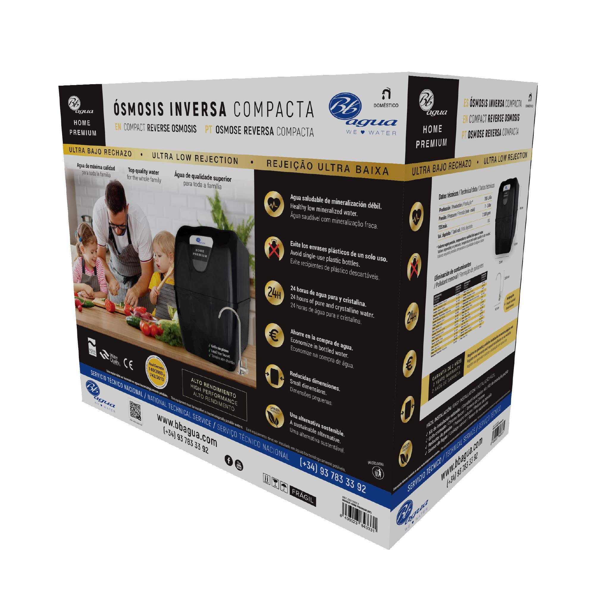 Bbagua Home Premium Kompakte Umkehrosmose-Ausrüstung mit 5 Stufen, Haushaltsgeräte mit Druckpumpe, einfache Installation und Wechsel der Filter, Installation unter der Arbeitsplatte, Bagua.