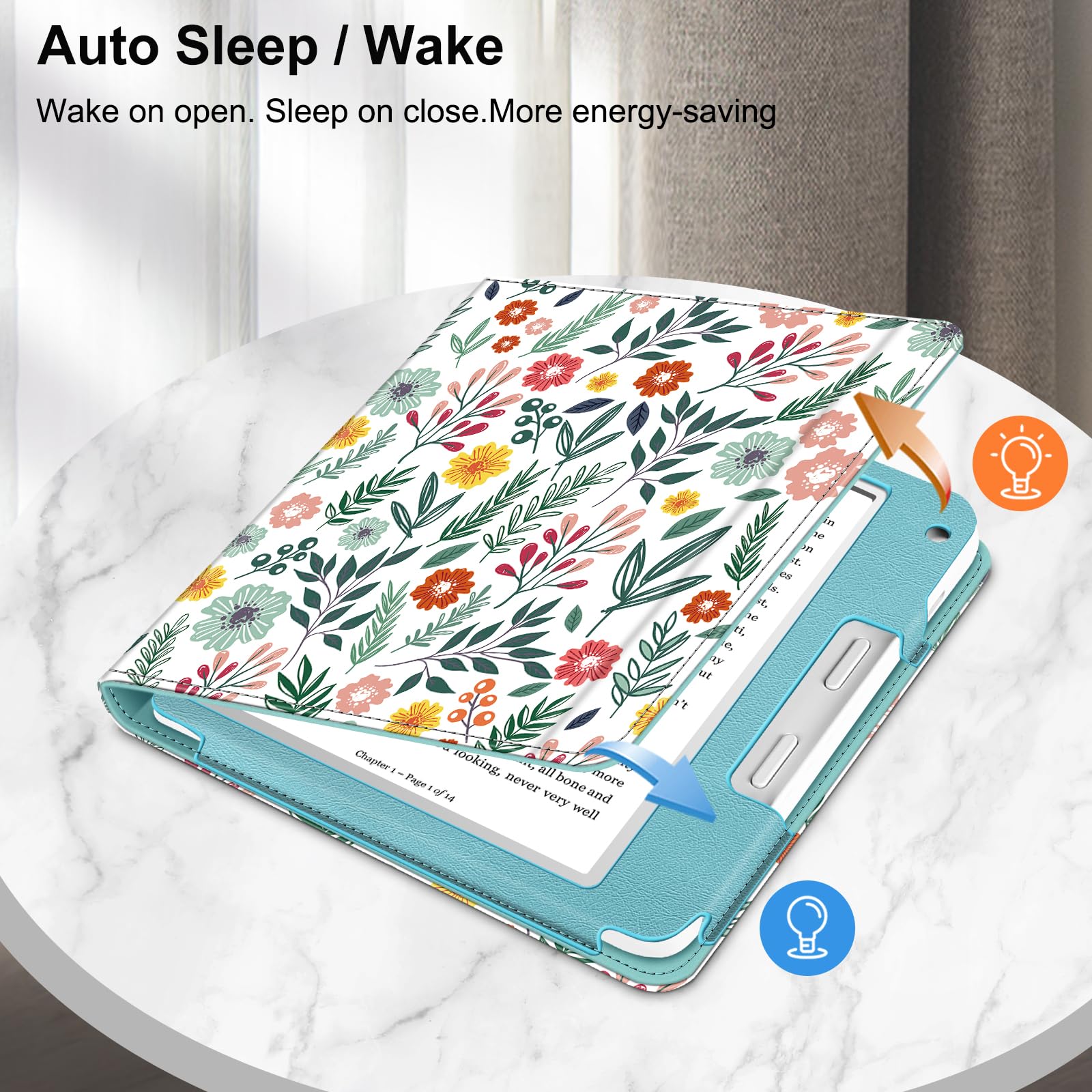 FINTIE Étui Compatible avec 7" Kobo Libra Colour 2024 / Kobo Libra 2 2021 (Modèle: N428 / N418), Coque Liseuse avec Béquille et Fente pour Carte et Dragonne, Fleur Printanière