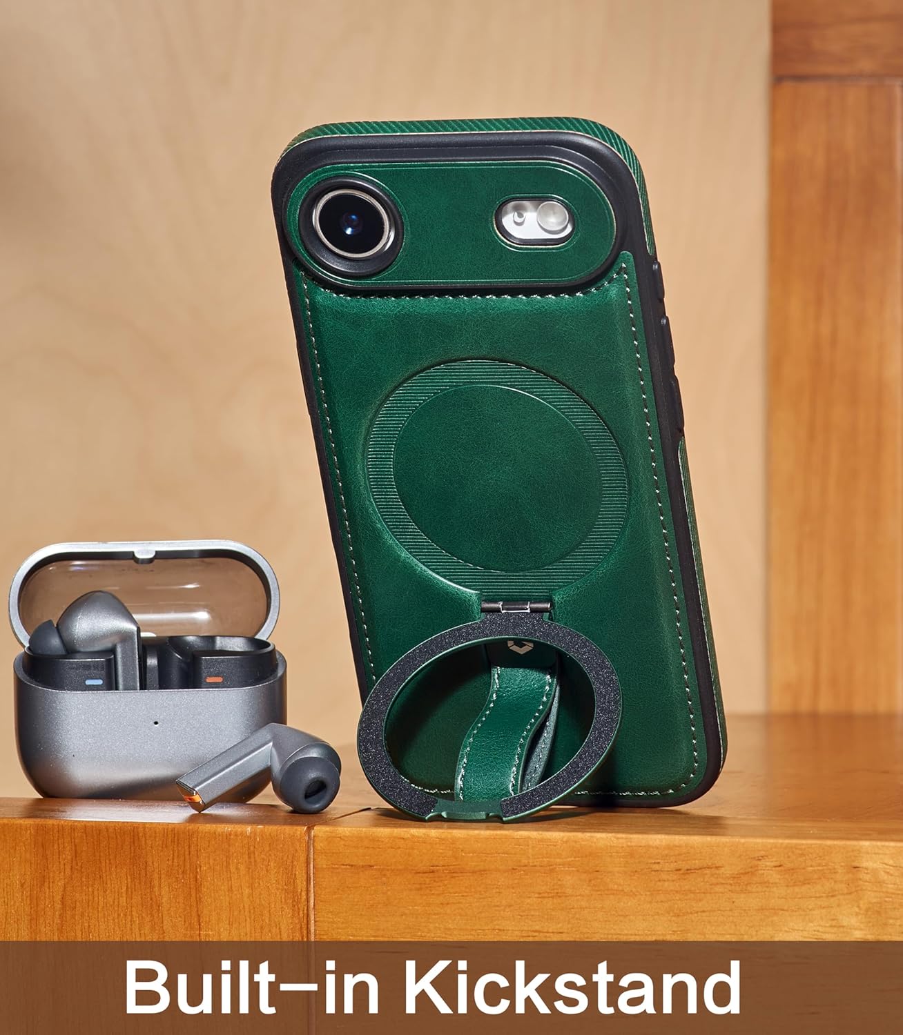 for iPhone Air Leather Case with Stand, Anti-Slip Grip Ring, Fits for MagSafe (Green,IP Air-6.5inch) - Image 6