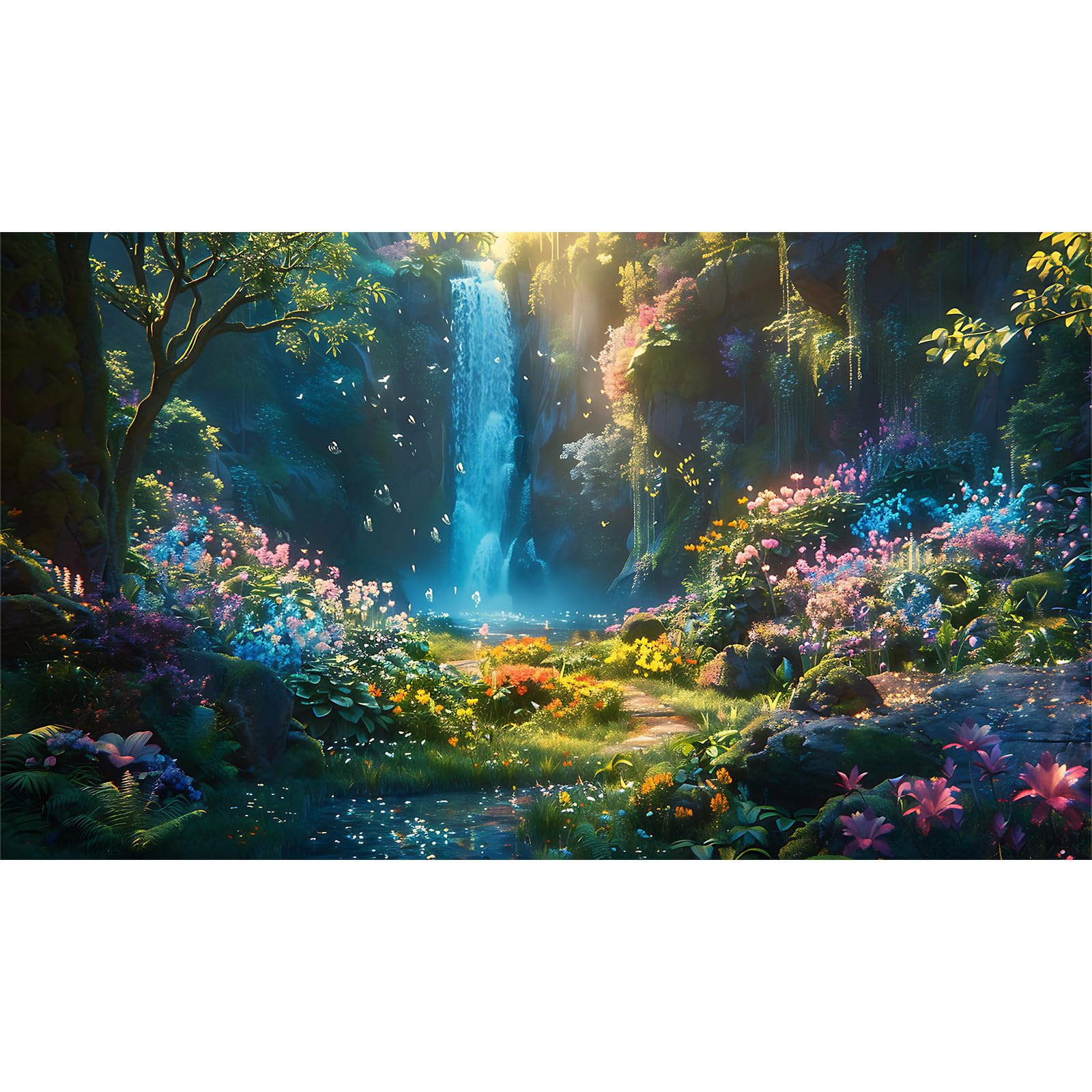 Waterfall Aquarium Background Vibrant Oasis Sunlight Cascades Greenery Fish Tank Background Majestic Waterfall Tranquil Pool Reptile Tank Backgrounds Blossom Butterfly Terrarium Backgrounds 24x16in