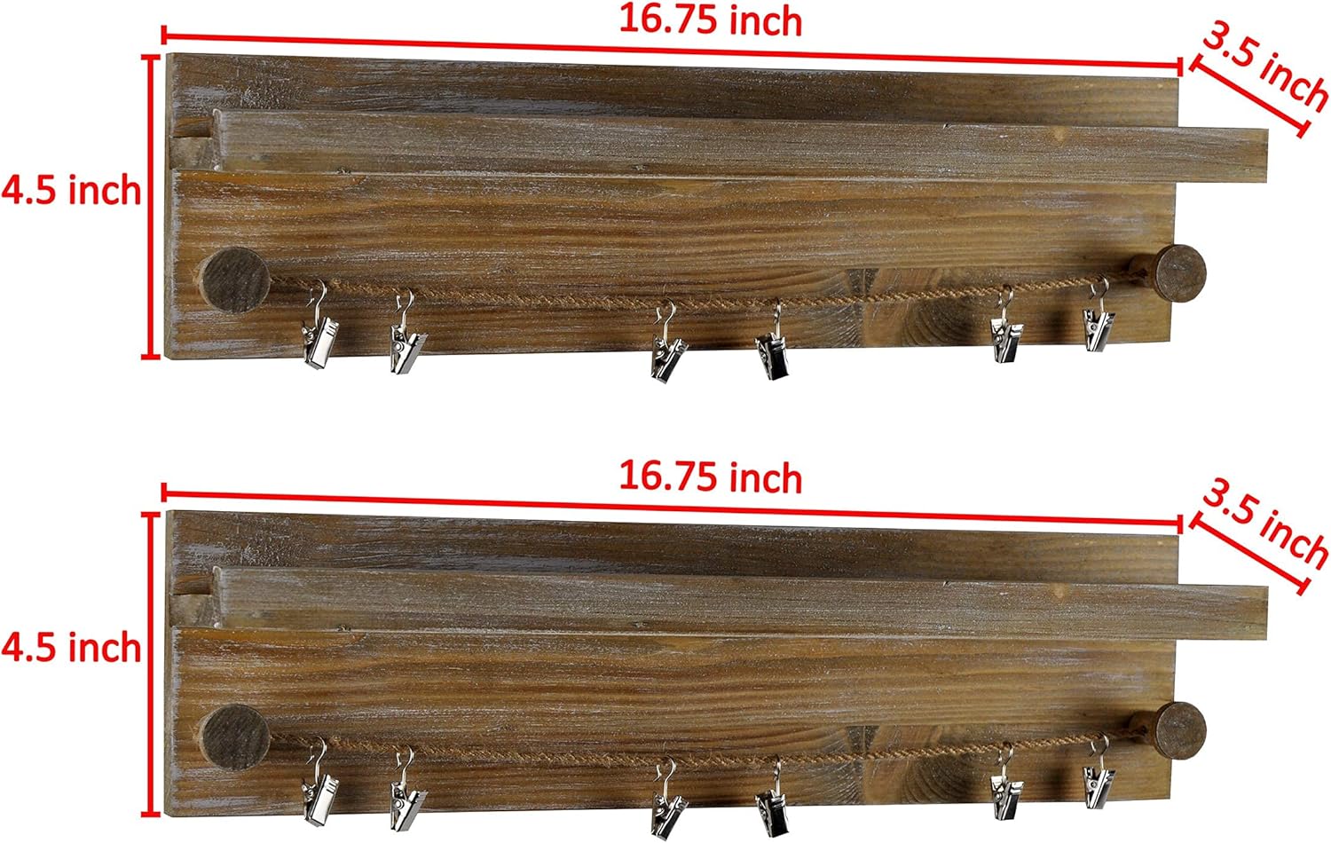 Set of 2 Wall-Mounted Picture Ledge Shelves - Twine Cords with Metal Clips - Rustic Torched Wood - Farmhouse Gray - for Hanging Photos, Prints, Artwork in Nursery, Living, Bedroom