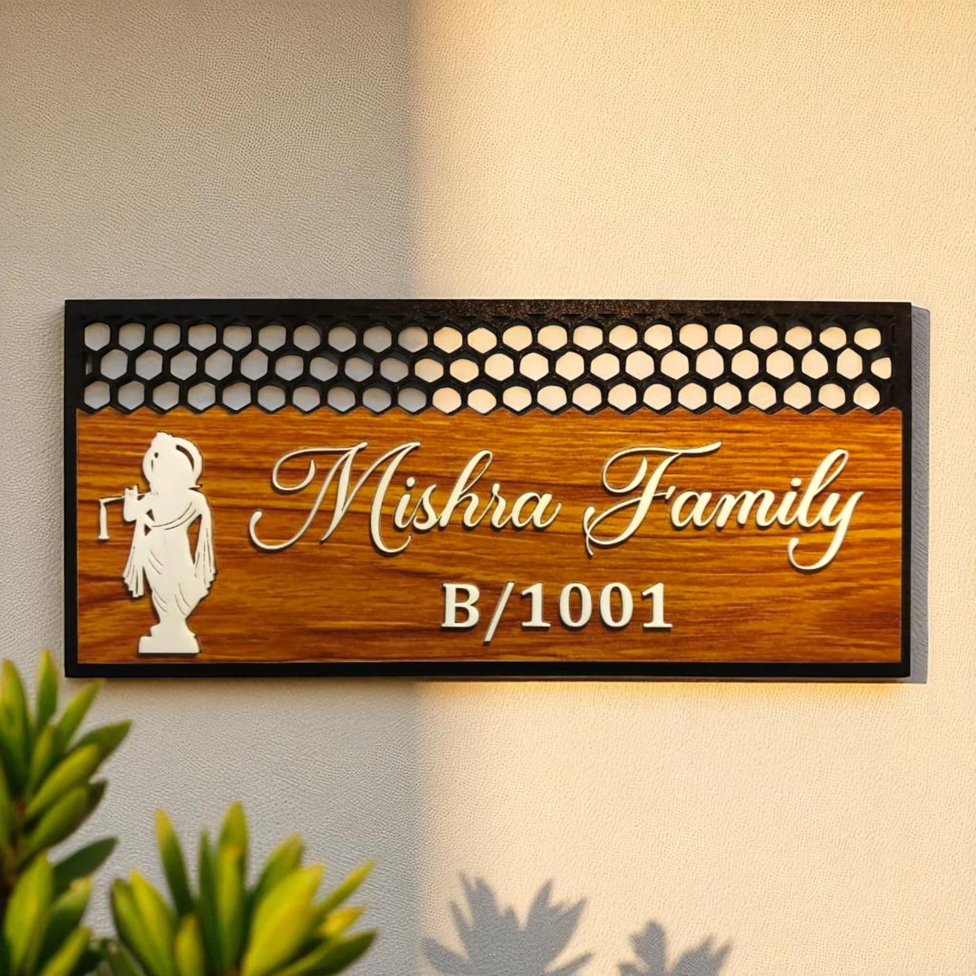 Personalized Wooden Name Plate for Home | Custom Laser Engraved Door Name Board with Family Name & Flat Number | Modern Wall Mount Nameplate with Lord Krishna Design-image-32