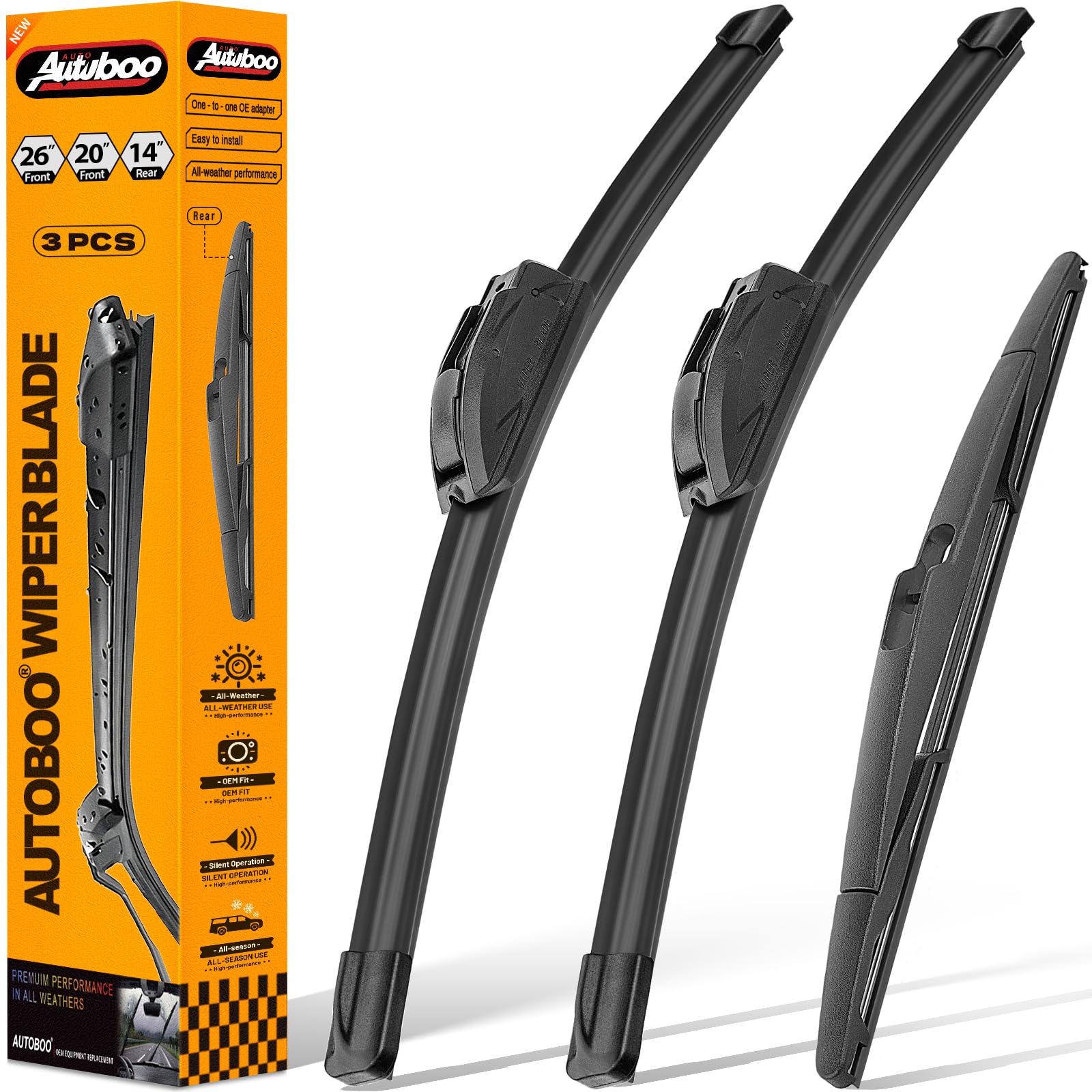 AUTOBOO 26"+20" Windshield Wipers with 14" Rear Wiper Blade Replacement for Ford Edge Lincoln MKX 2007-2015 -Original Factory Quality (Pack of 3)