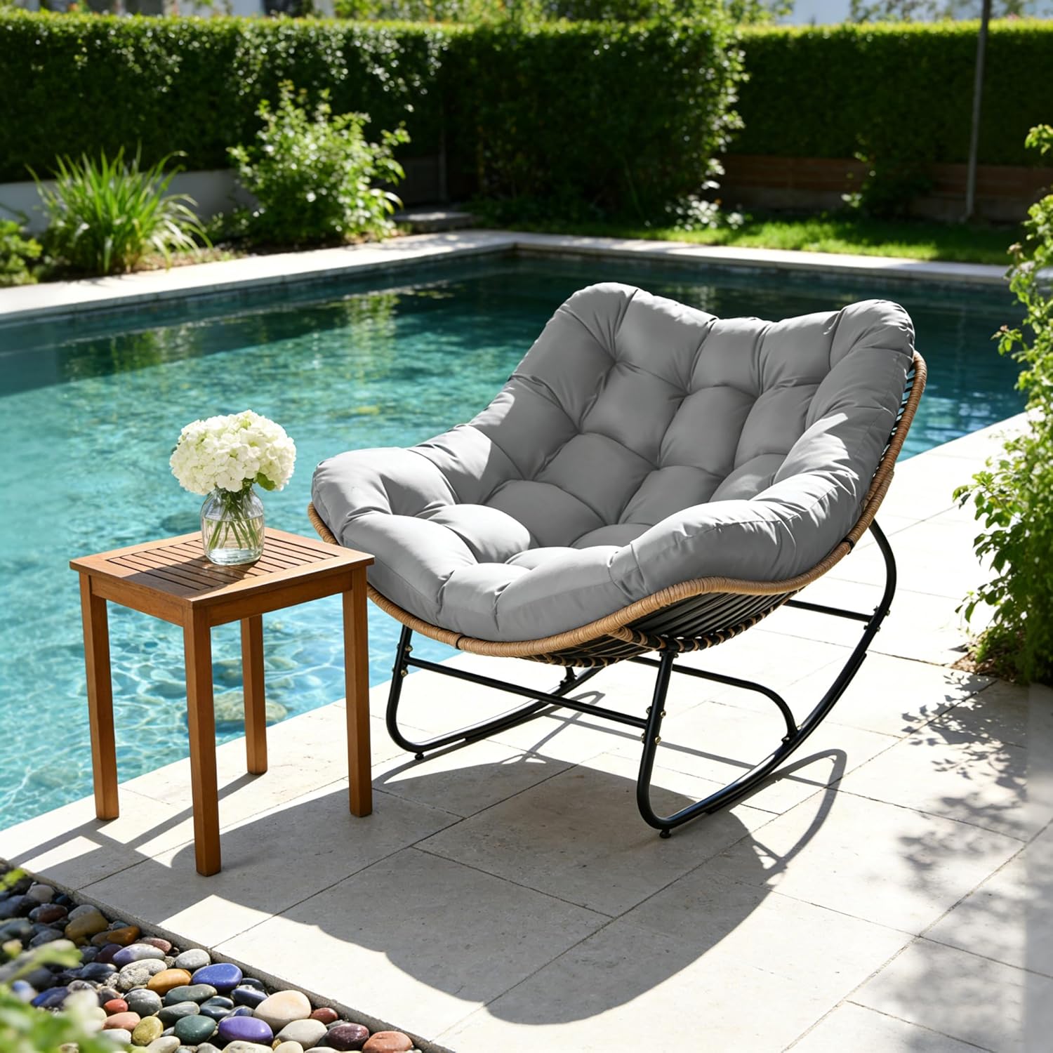 SUNCROWN Oversized Wicker Rocking Chair Indoor Outdoor, 450 LBS Heavy Duty Patio Papasan Egg Chair with Cushion, E-Coated Frame Lounge Rocker for Balcony Porch Garden Living Room, Light Grey