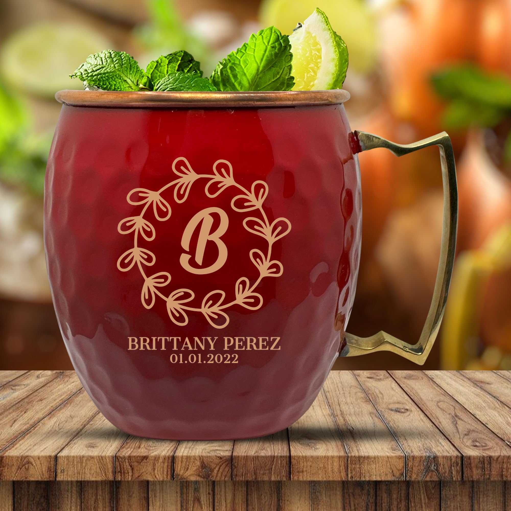 Custom Copper Moscow Mule with Hammered Painted Finish - Engraved Bar Style 100% Copper Cup with Personalized Petal Circle Monogram Wedding Themed Engraving, Brass Handle | 18 oz, Red | Set of 2