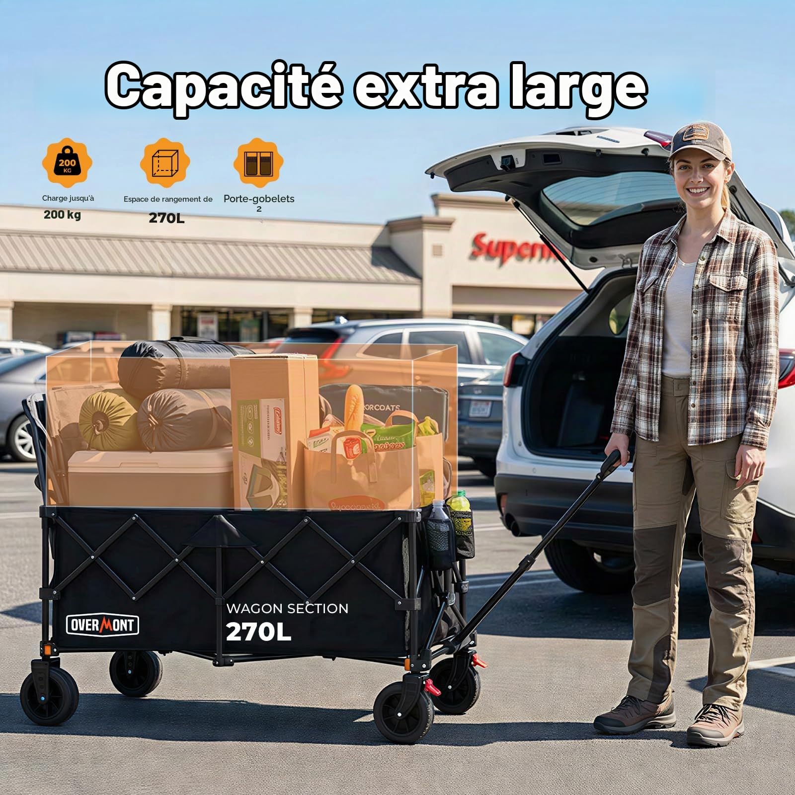 Overmont Chariot Pliable XXL 118 cm - 270 L Grande Capacité, Charge Max 200 kg - Chariot de Transport Robuste avec Grandes Roues Tout-Terrain, Modèle Allongé - pour Camping, Plage, Jardin, Courses