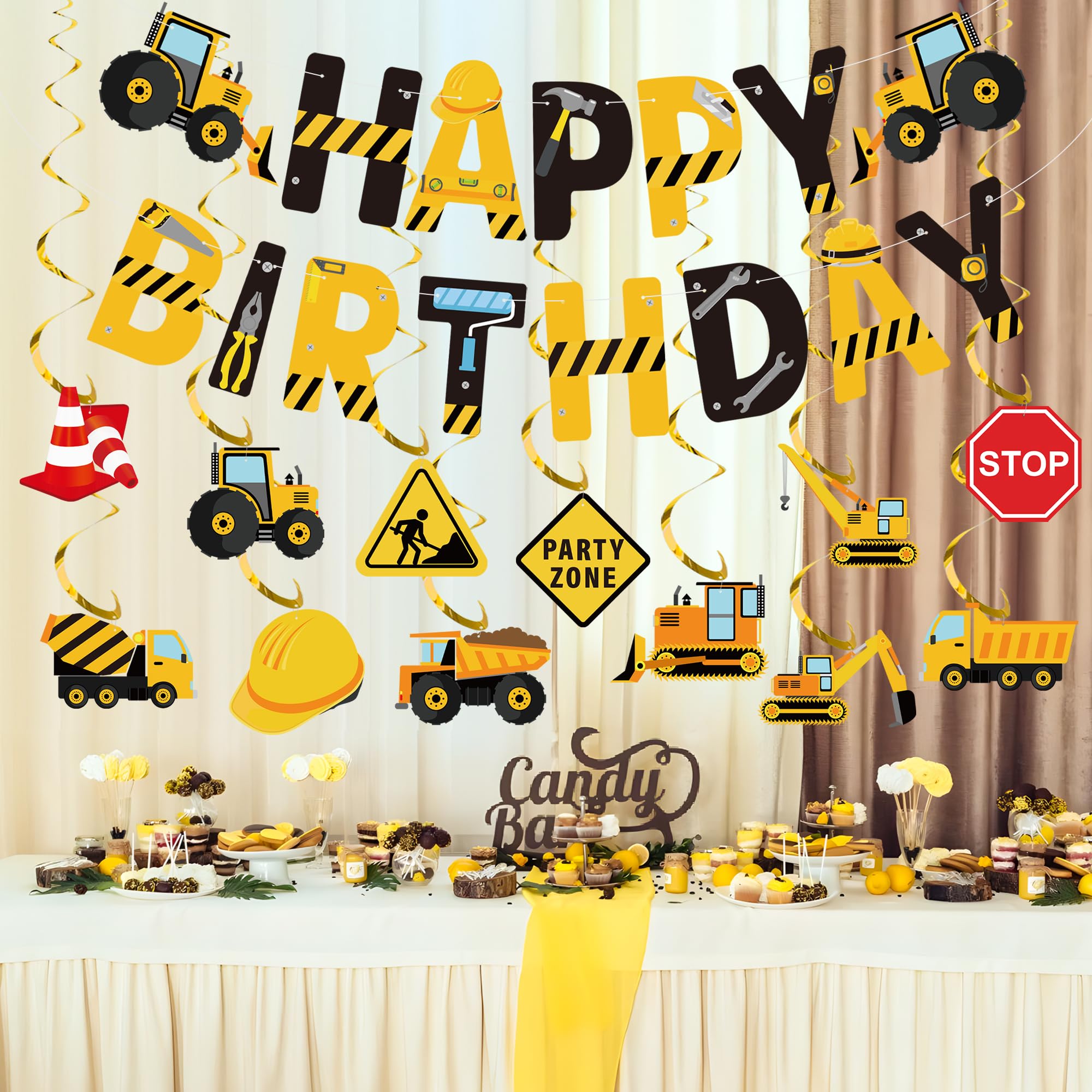 Decoración De Fiesta De Construcción – 27 Piezas (banderola + 12 Remolinos) – Tema Camiones Y Excavadoras – Para Cumpleaños Infantiles O Baby Shower