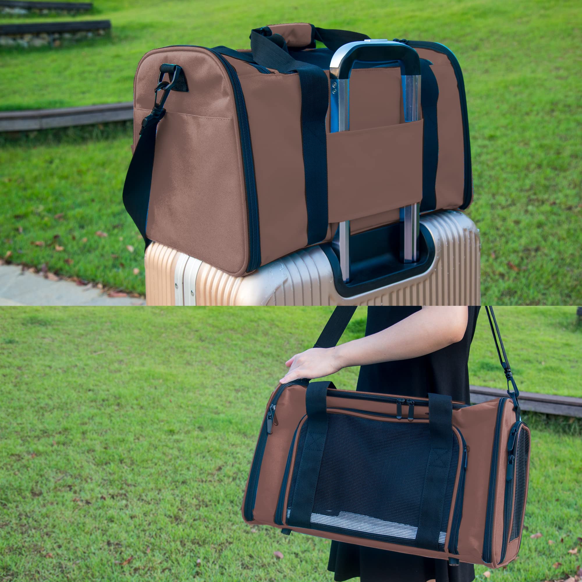 Transportador de lados suaves para gatos pequeños y medianos, aprobado por la TSA Airline, plegable, transportador de mascotas de viaje (mediano, marrón)