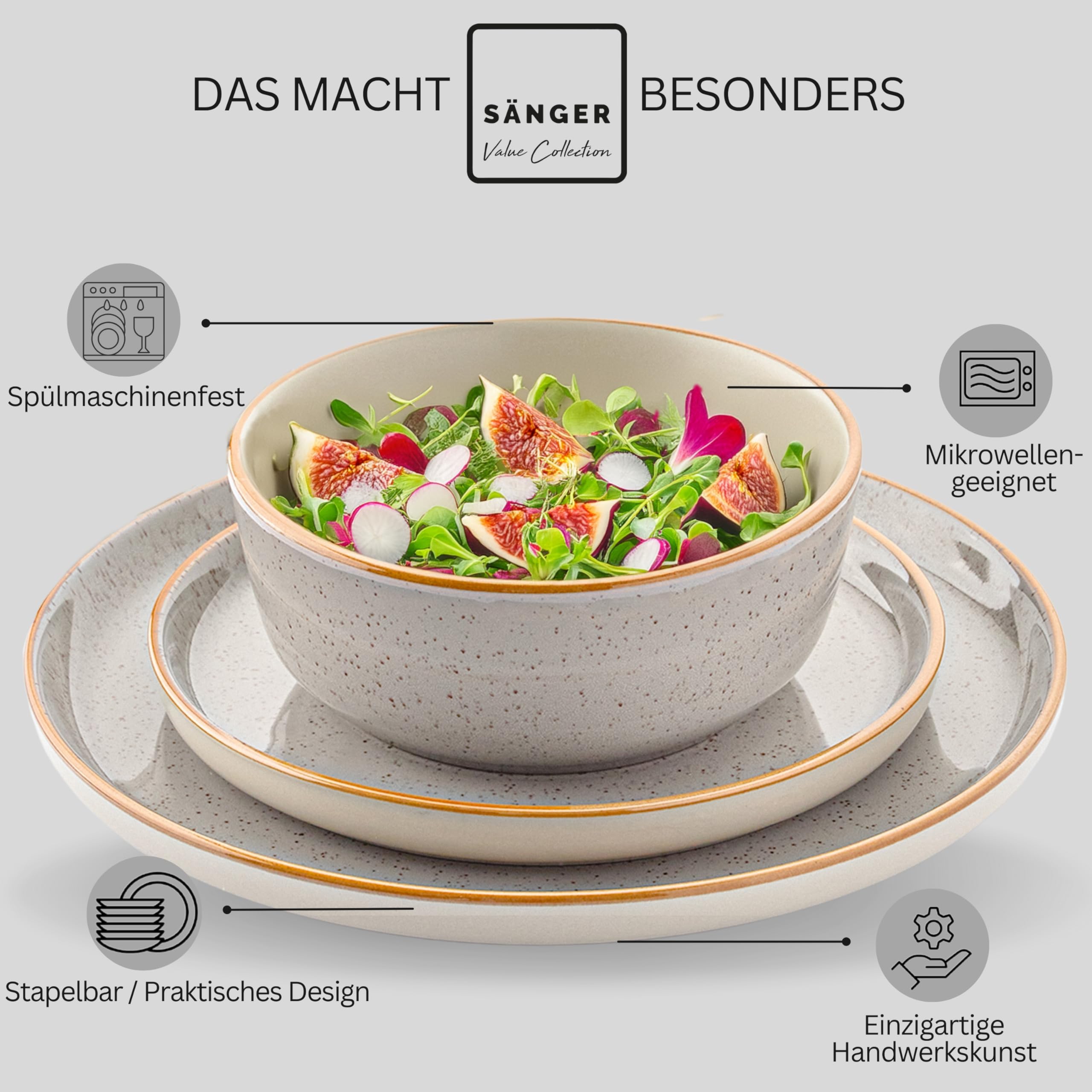 SÄNGER Santorini Tafelservies 12-delig, borden voor 4 personen, tafelservies van aardewerk met platte borden, dessertborden en soepborden, crème met lila blauw kleurverloop, collectie