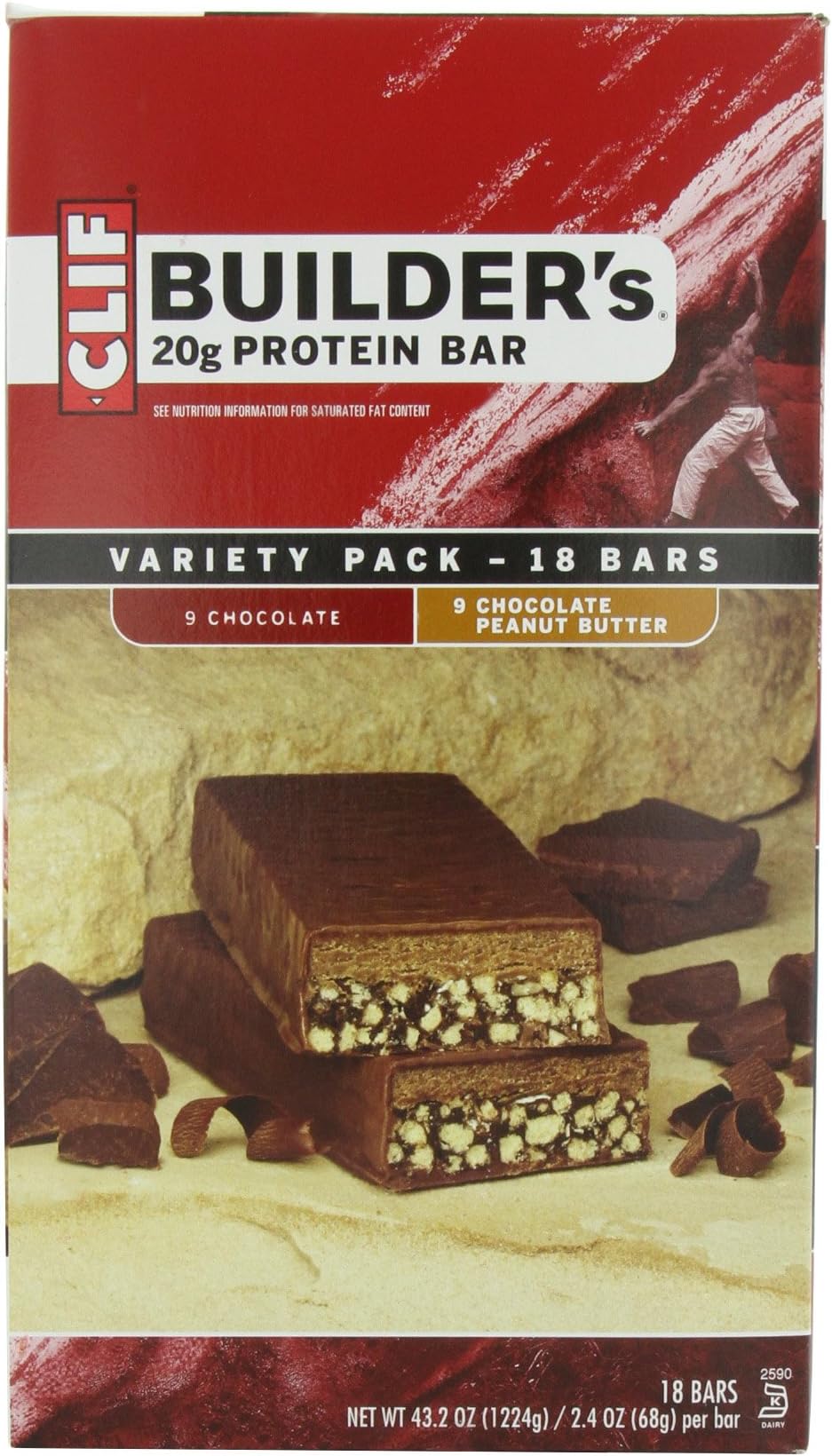 Clif Bar Builder's Bar, Variety Pack, 9 Chocolate and 9 Chocolate Peanut Butter, 2.4-Ounce Bars, 18 Count