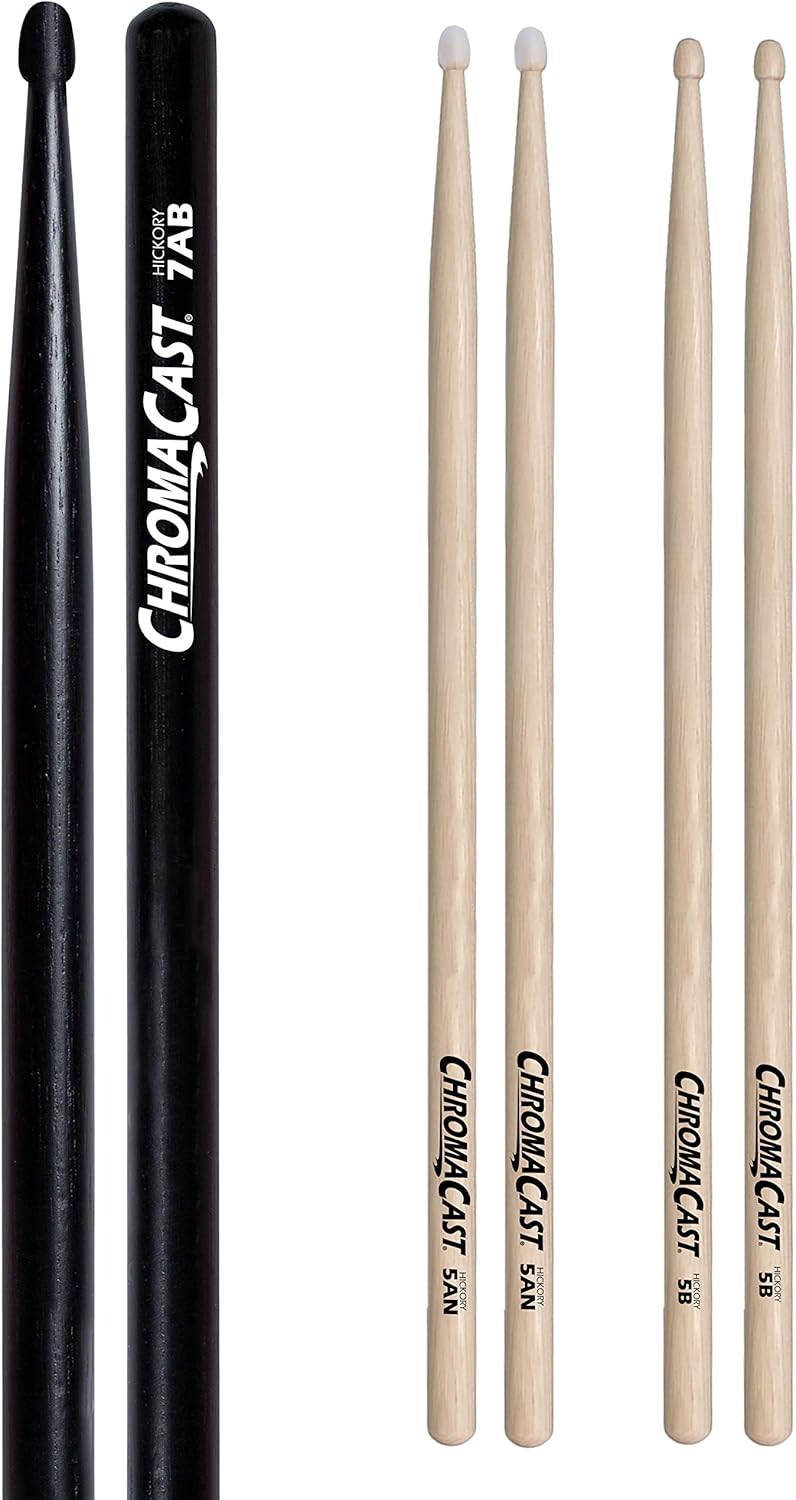 ChromaCast Drumstick Sampler Pack with 7A Black Wood Tip, 5A Nylon Tip, and 5B Wood Tip Drumsticks