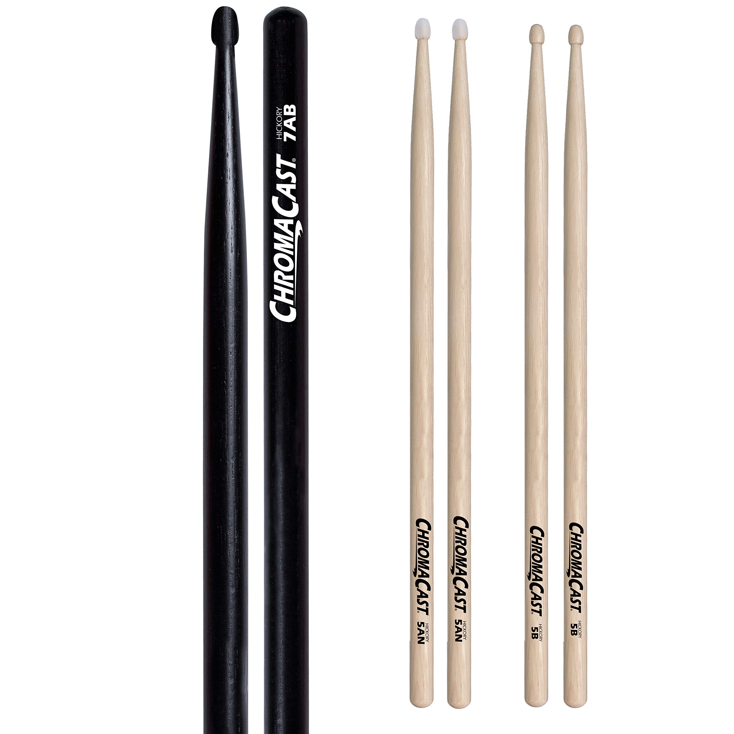 ChromaCast Drumstick Sampler Pack with 7A Black Wood Tip, 5A Nylon Tip, and 5B Wood Tip Drumsticks