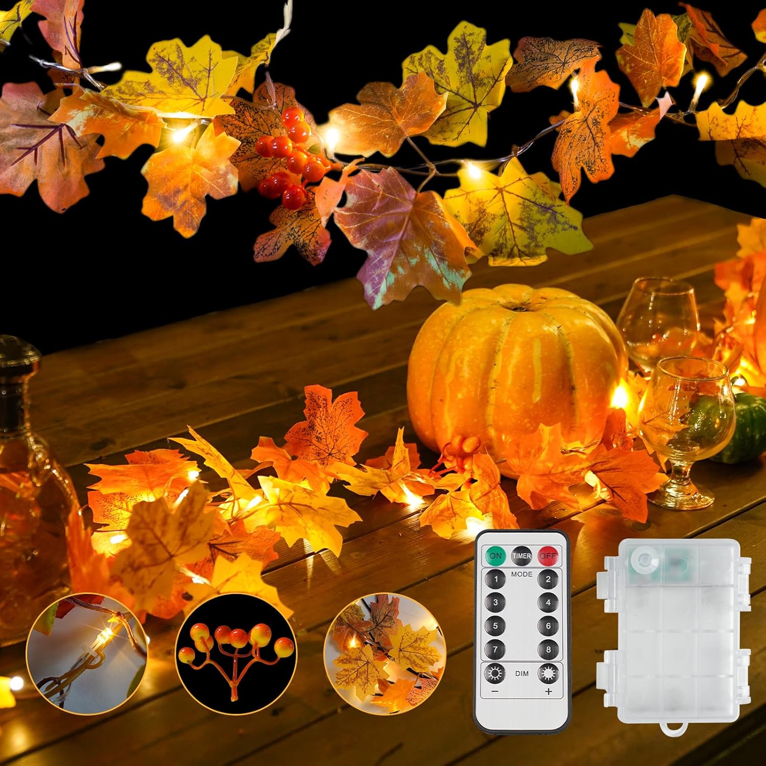 suddus Fall Leaves Garland with Lights, 20LED Battery Operated Fall Lights with Timer, Thanksgiving Decoration for Home, Table, Mantle, Office, Outdoor, Autumn, Halloween, Yellow