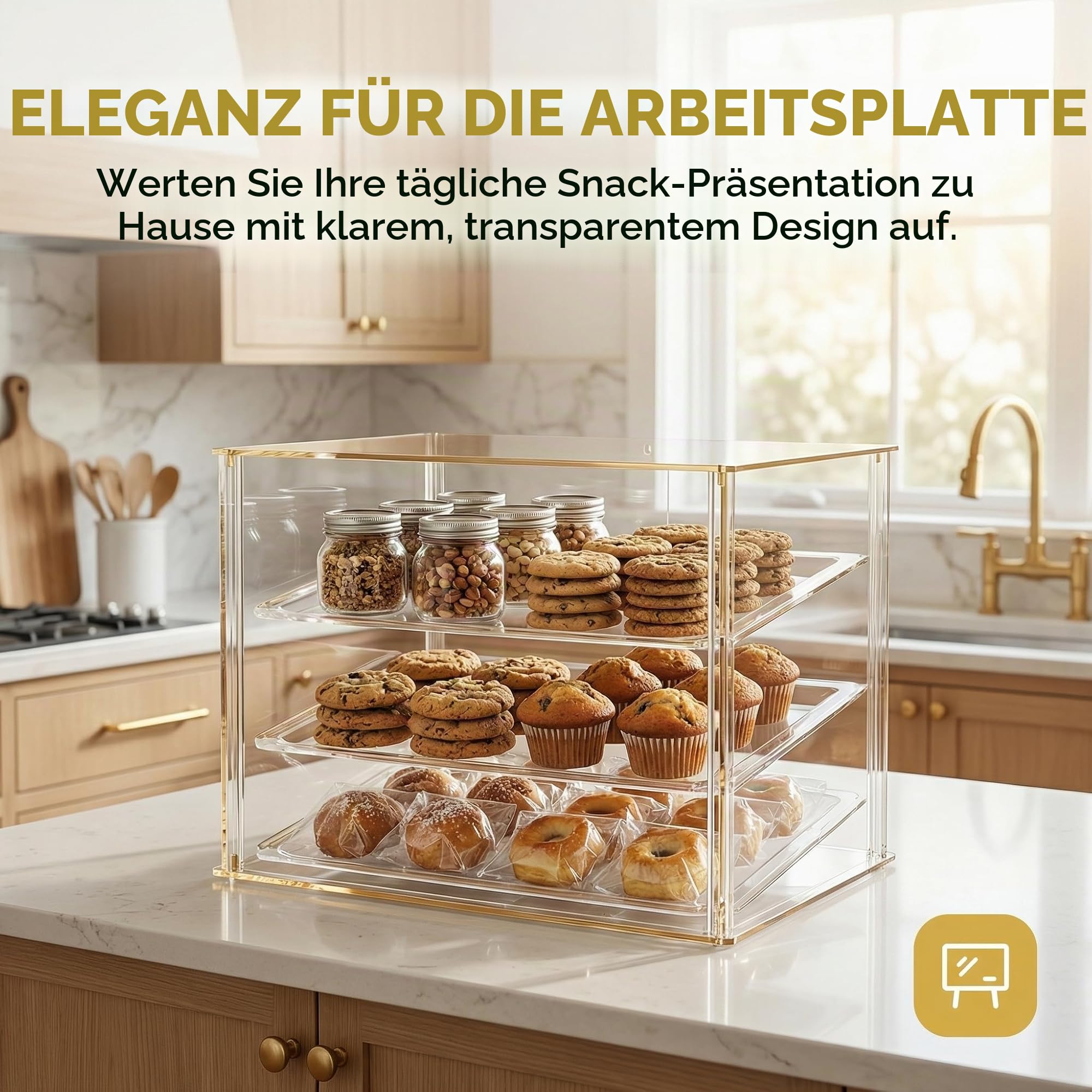 Bäckerei-Vitrine mit 3 Ablagen und magnetischen Hintertüren, 52,8 x 40,1 x 42,9 cm, Acryl-Gebäckvitrine mit abnehmbaren Tabletts und Stahlzange, Lebensmittelvitrine für Donut-Brotkuchen
