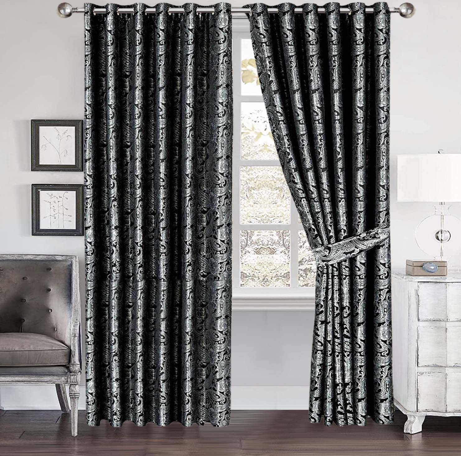 PRIME LINENS Cleo Curtains For Living Room Ring Top/Eyelet Paisley Jacquard Curtains & Drapes Fully Lined Modern Panels for Bedroom 2 Free Tie Backs (Black, W 90'' x L 72'')
