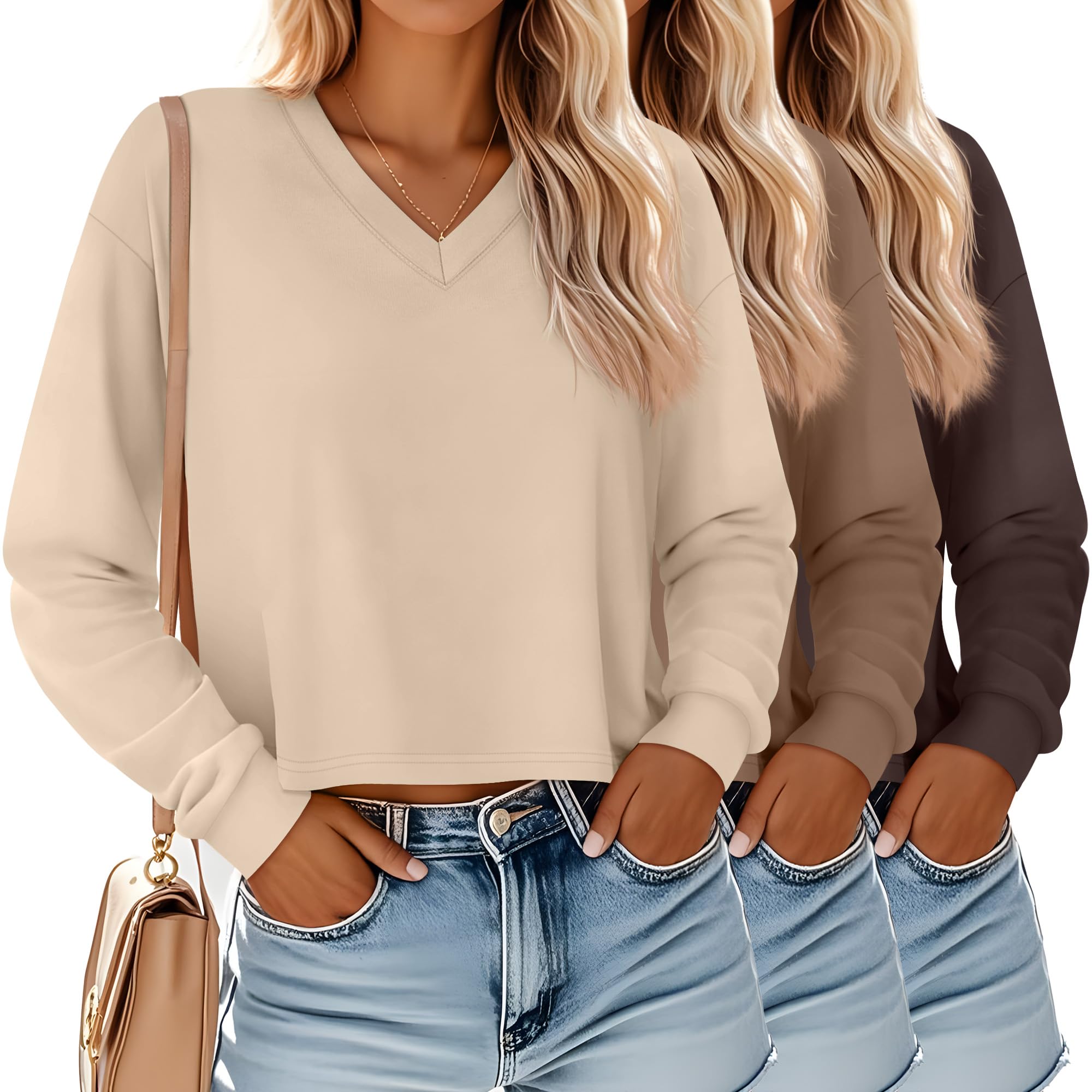 Ficerd 3 Pack Women's Crop Long Sleeve Tops V Neck Loose Cropped T Shirts Drop Shoulder Casual Basic Fall Winter Boxy Tees