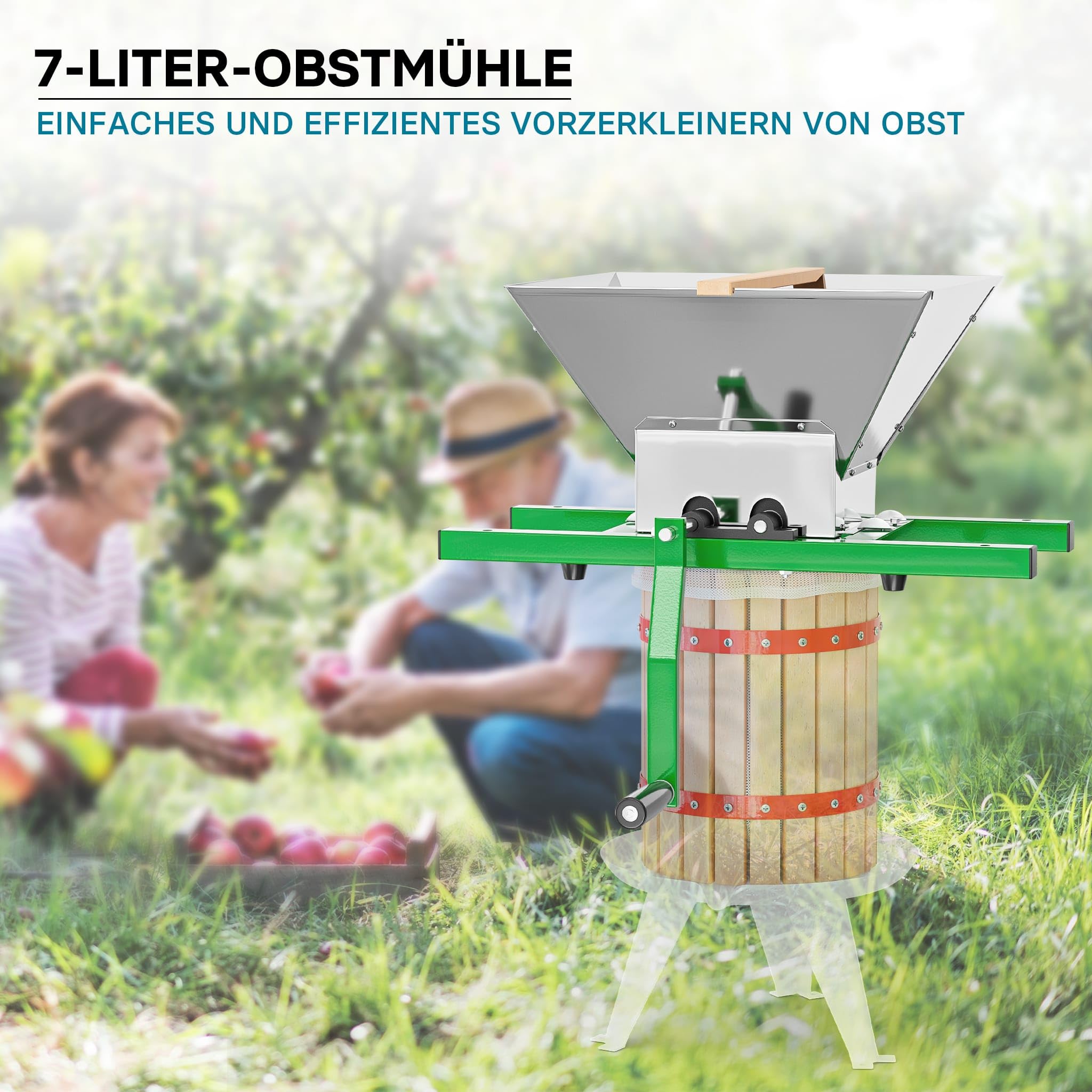 Wiltec Mulino per frutta con tramoggia da 7 litri, frangifrutta con manovella, trituratore per frutta morbida come uva e frutti di bosco