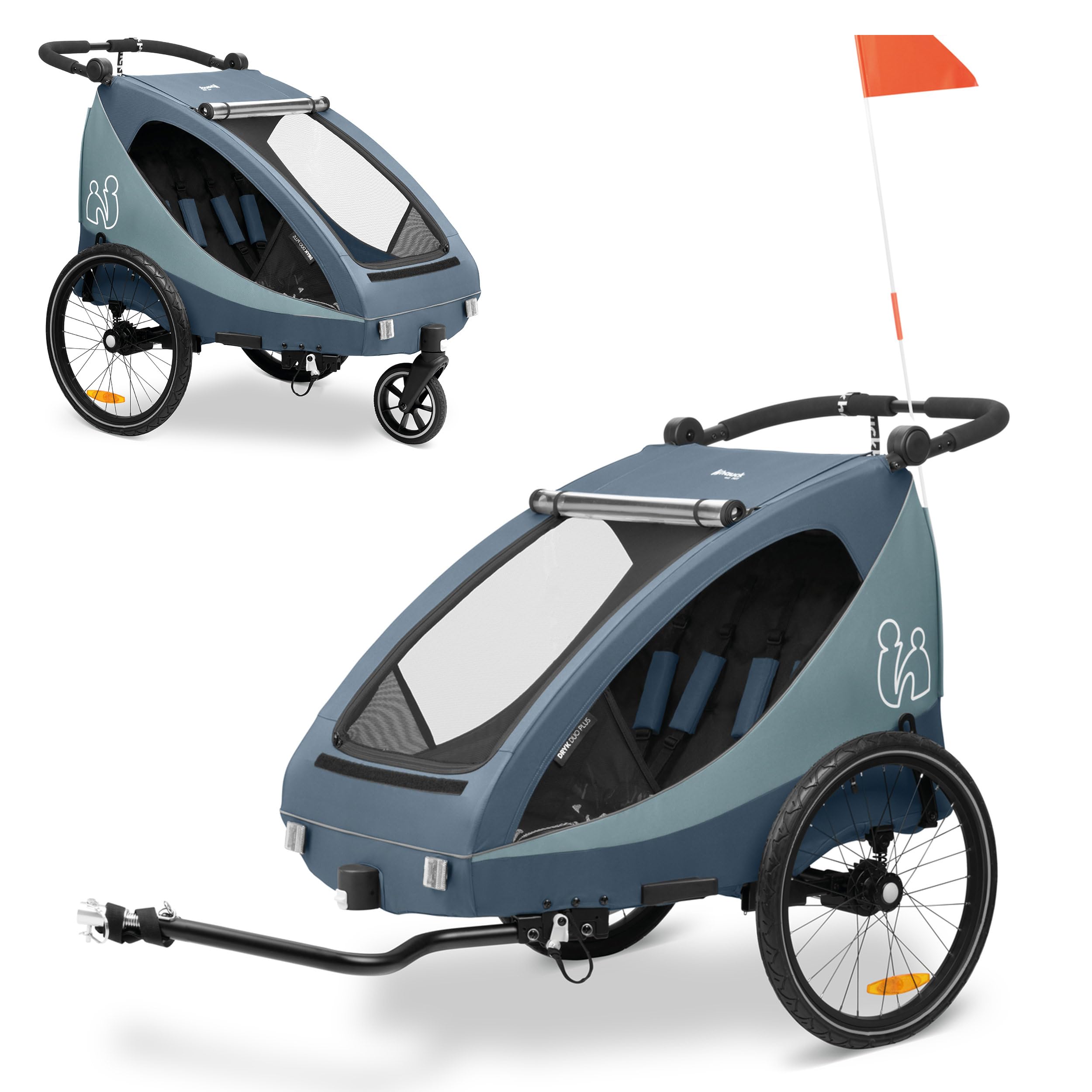 hauck Fahrradanhänger & Kinderwagen Set Dryk Duo Plus für 2 Kinder (6-48 Monate), inkl. Regenschutz, Sonnensegel, Deichsel, Buggyrad, Fahne und LED Licht
