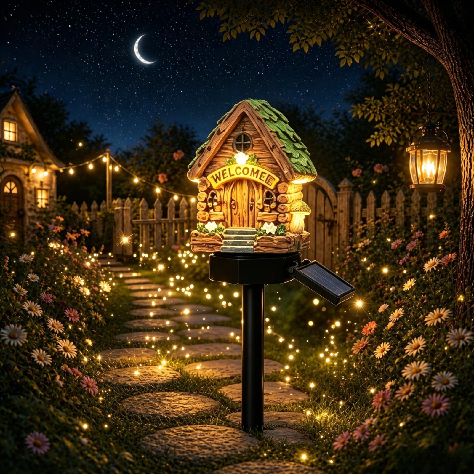 Solar Fairy-Tale Mushroom House Lights Cottage Garden Stake Lights, Resin Mushroom Cottage Figurine, Waterproof LED Mushrooms House Statue Lamp, Outdoor Landscape Pathway Yard Patio Lawn Deco (#A)